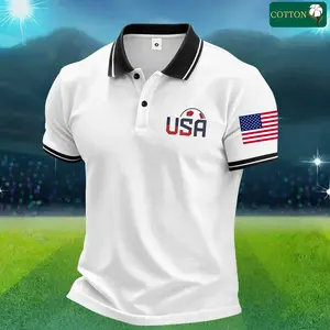 Men's Stylish Cotton Short Sleeve Polo Shirt, Trendy Unique USA Flag & Soccer Print, Contrast Color Details, Skin-Friendly Fabric, Premium Summer Outfit, Ideal Luxury Gift