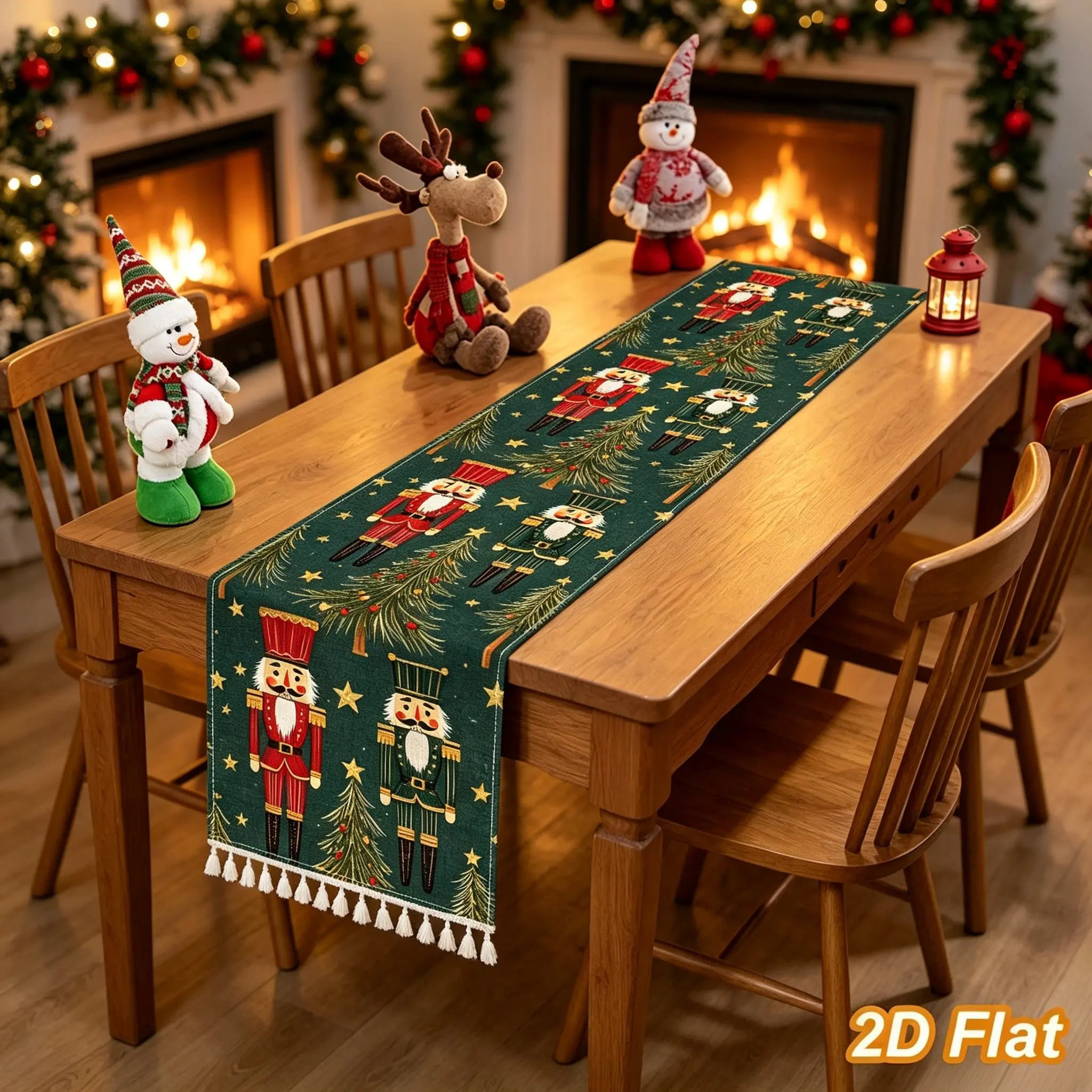 1Pc Green Nutcracker Linen Table Runner 33×183cm – Versatile Cartoon Christmas Print, Festive Dining Table Decoration for Holiday Parties & New Year, 2026 Xmas Gift, Christmas Home Decorations