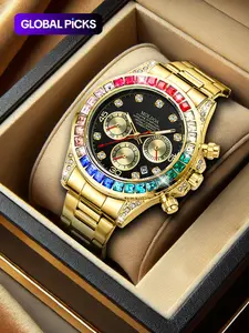 Men's Business Fashion Rhinestone Decor Analog Quartz Watch, Fashion Watch with Luminous & Date Function for Party, Daily Decor, Trendy Watch for Birthday Gift with Box, Fashionable Party Watch