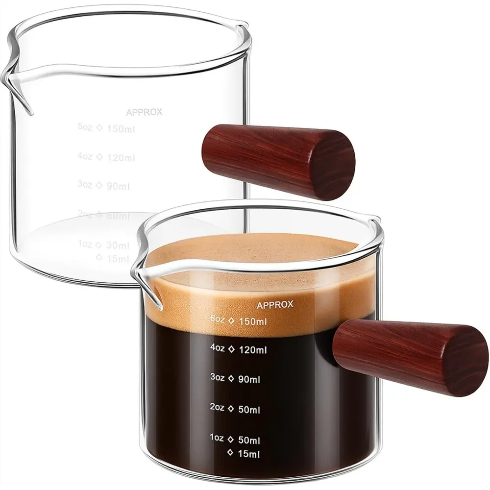 2-Pack Espresso Coffee Cups 5oz, Dual Spout Measuring Cup with Wooden Handle, Transparent Milk Jug for Baristas, Coffee Measurement Tools, Measuring Glass, Cup Measuring Set
