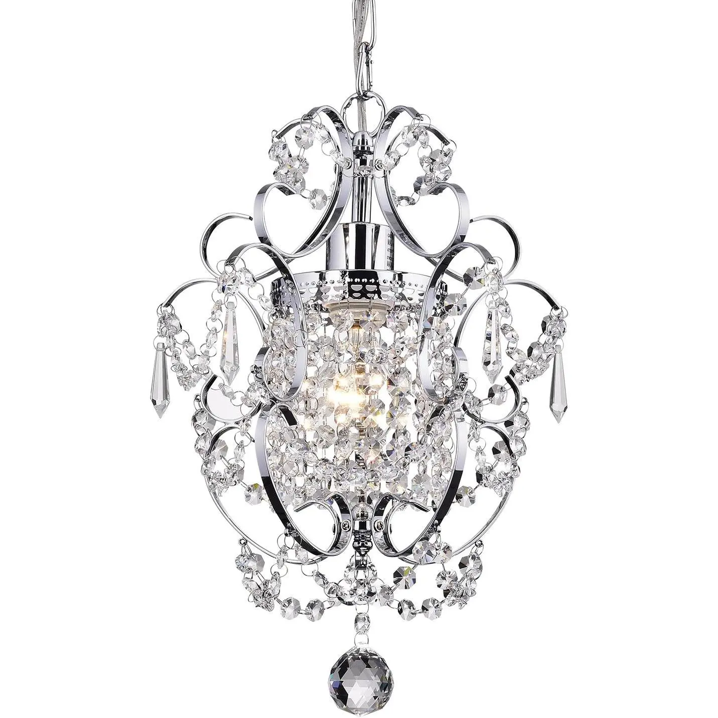 Amorette Mini Glass Crystal Chrome Chandelier, 1-Light Modern Glam Adjustable Chain Hanging Ceiling Fixture, Dimmable Soft Glow Bulbs, Some Assembly Required, for Girls’ Bedrooms, Dining Room, Kitchen Island, Closet, Crystals, Girls Room