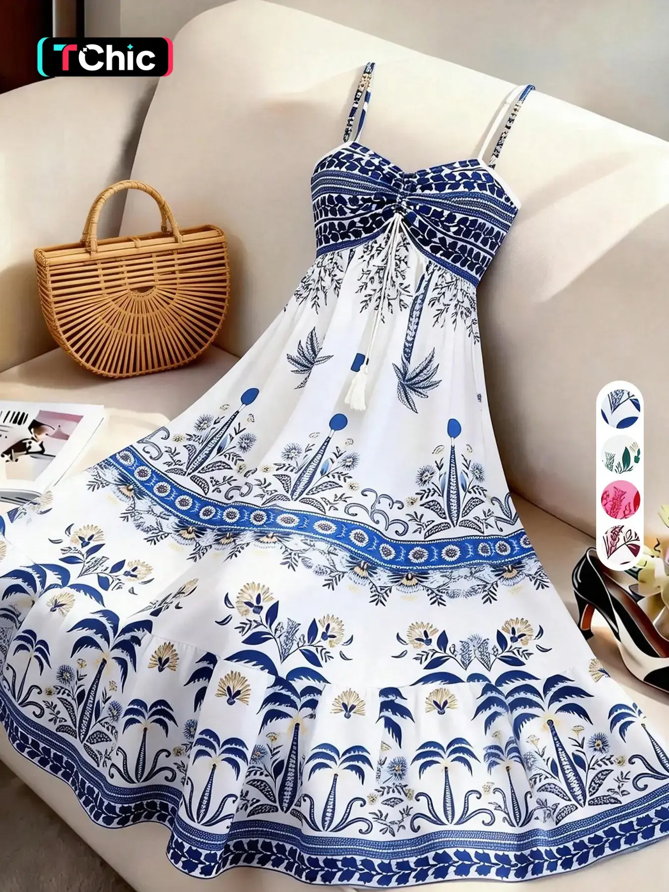 Boho Print Spaghetti Strap Sleeveless Dress, Front Knot Design, Blue Floral, Summer Beach, Casual Elegant Style, Womenswear