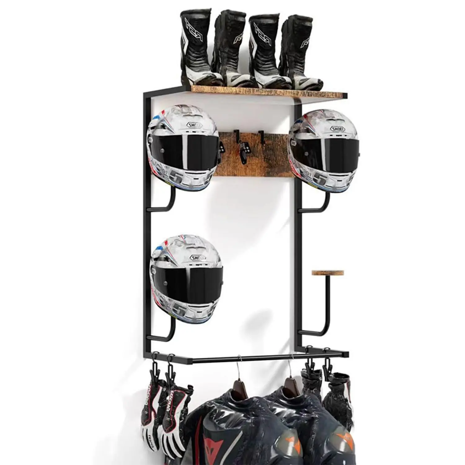 Gaomon Rustic Iron & Wood Wall-Mounted Motorcycle Helmet Rack, 4 Helmet Slots, Adjustable Hooks & Glove Clips, Easy Installation Garage Organizer for Jackets, Keys, Sports Gear (Rustic Wood Charm)