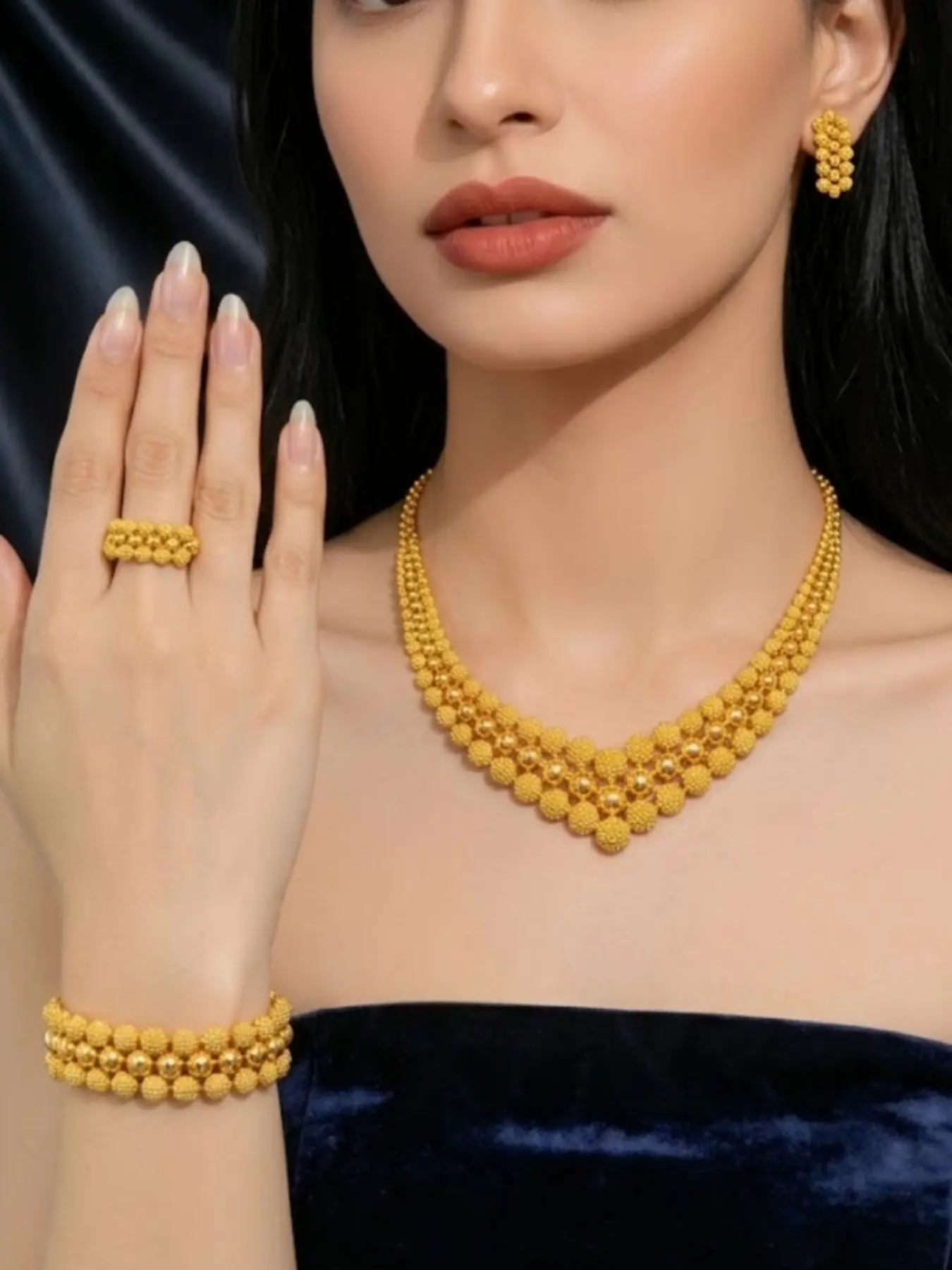 4-piece gold-plated jewelry set, Elegant jewelry set, for Middle Eastern ladies, necklace, ring, earring, bracelet with small round beads adjustable, suitable for bride, wedding party, Mother's Day occasions