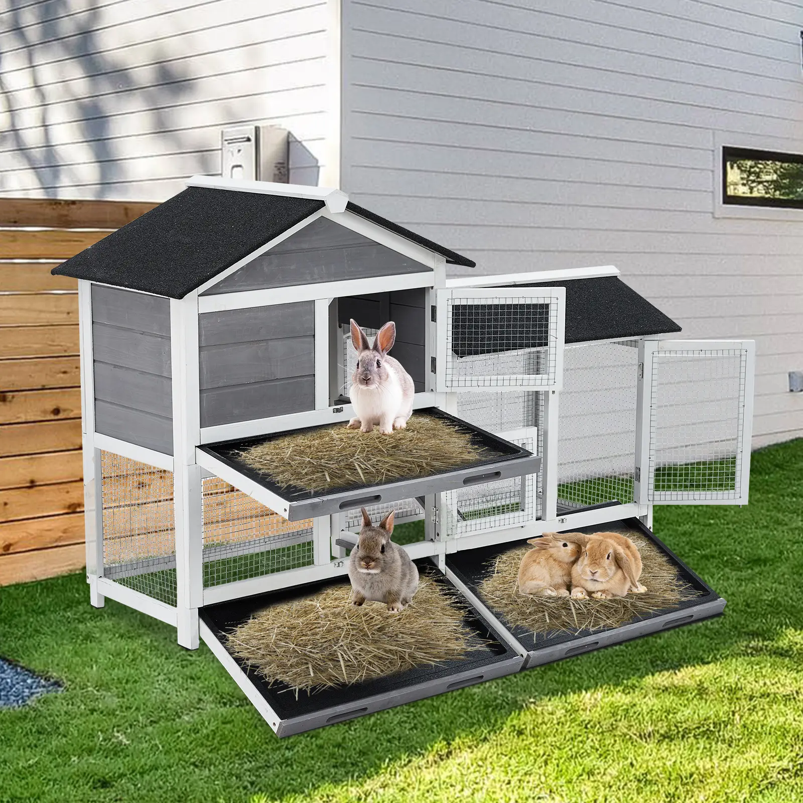 2-Tier Wooden Small Animal Hutch 63" | Waterproof Roof & 3 Trays – Indoor/Outdoor Rabbit Cage for Patio, Garden & Balcony – Gray/Black