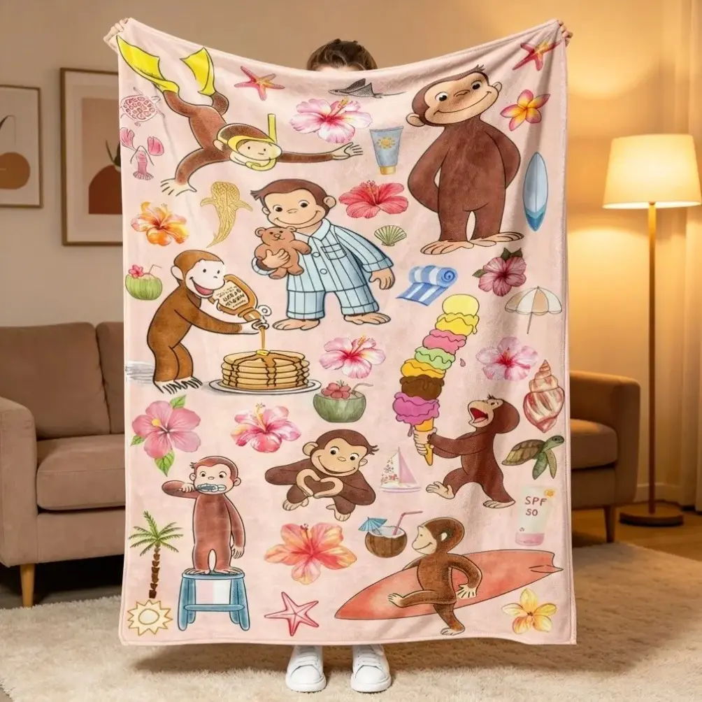 Cute Monkey Tropical Flannel Blanket, Soft Cozy Lightweight Throw for Adult Blanket Kids Blanket, Beach Surf Adventure Animal Design Summer Cooling Air Conditioner Blanket for Sofa Bed Bedroom Travel Gift