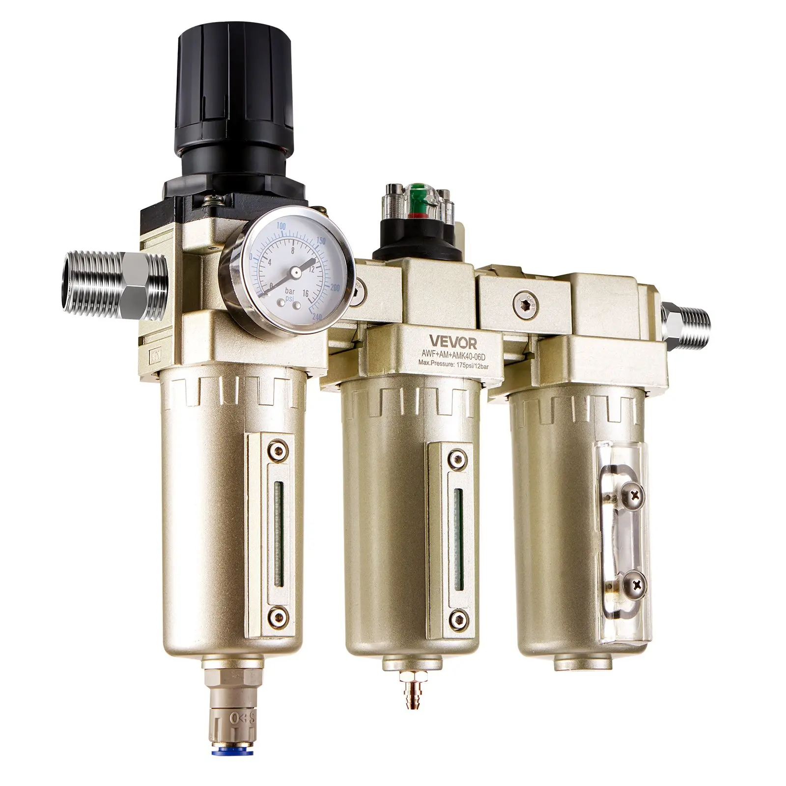【toolupgrade】VEVOR Metal Body Air Compressor Filter Regulator, 3/4" NPT 3-Stage Air Drying System with 5, 0.3, 0.1 Micron Filters, Desiccant Dryer, Auto Drain Water Separator, 175PSI Max Pressure, 3-Stage Filter