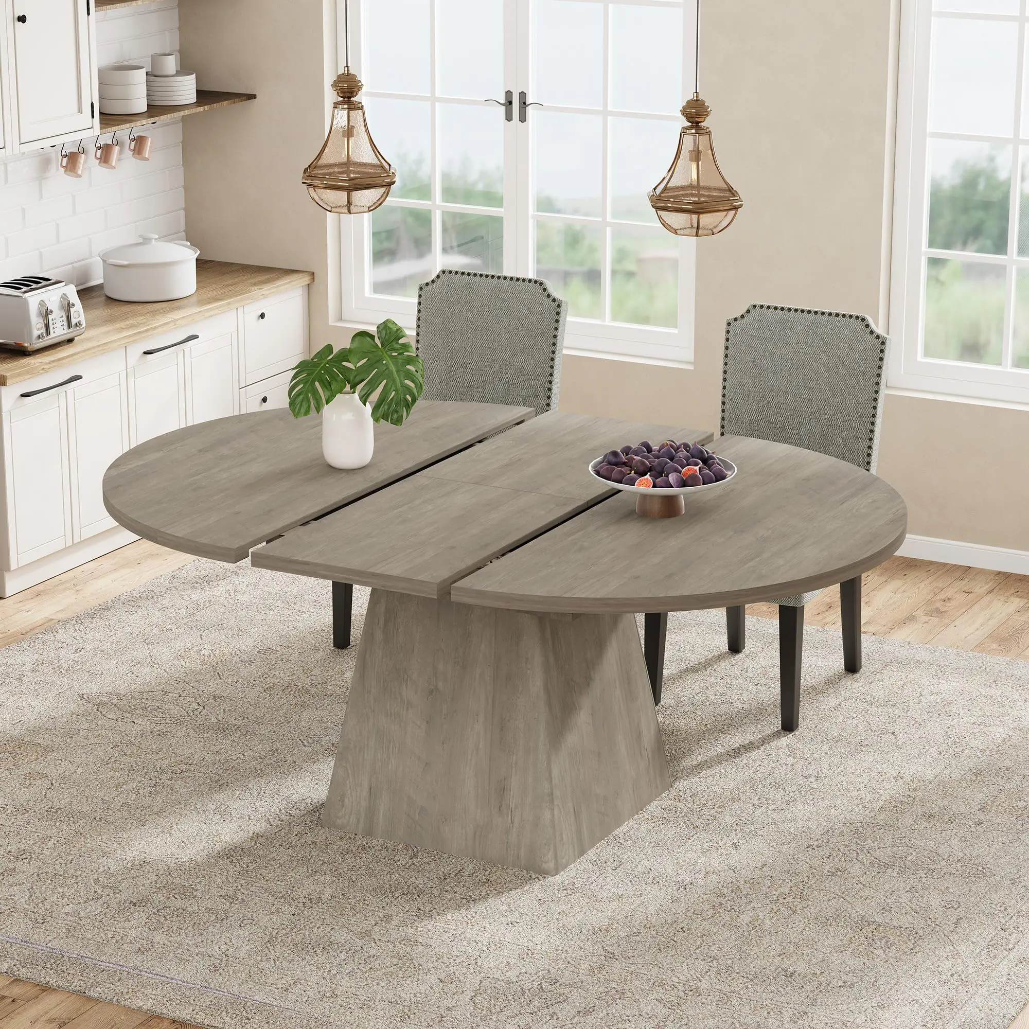 Minimalist Extendable Round Dining Table, 47-63 in, 4-8 Seats, MDF/Metal Pedestal Base, 350 lbs Capacity, No Wobbling, Modern Indoor Furniture