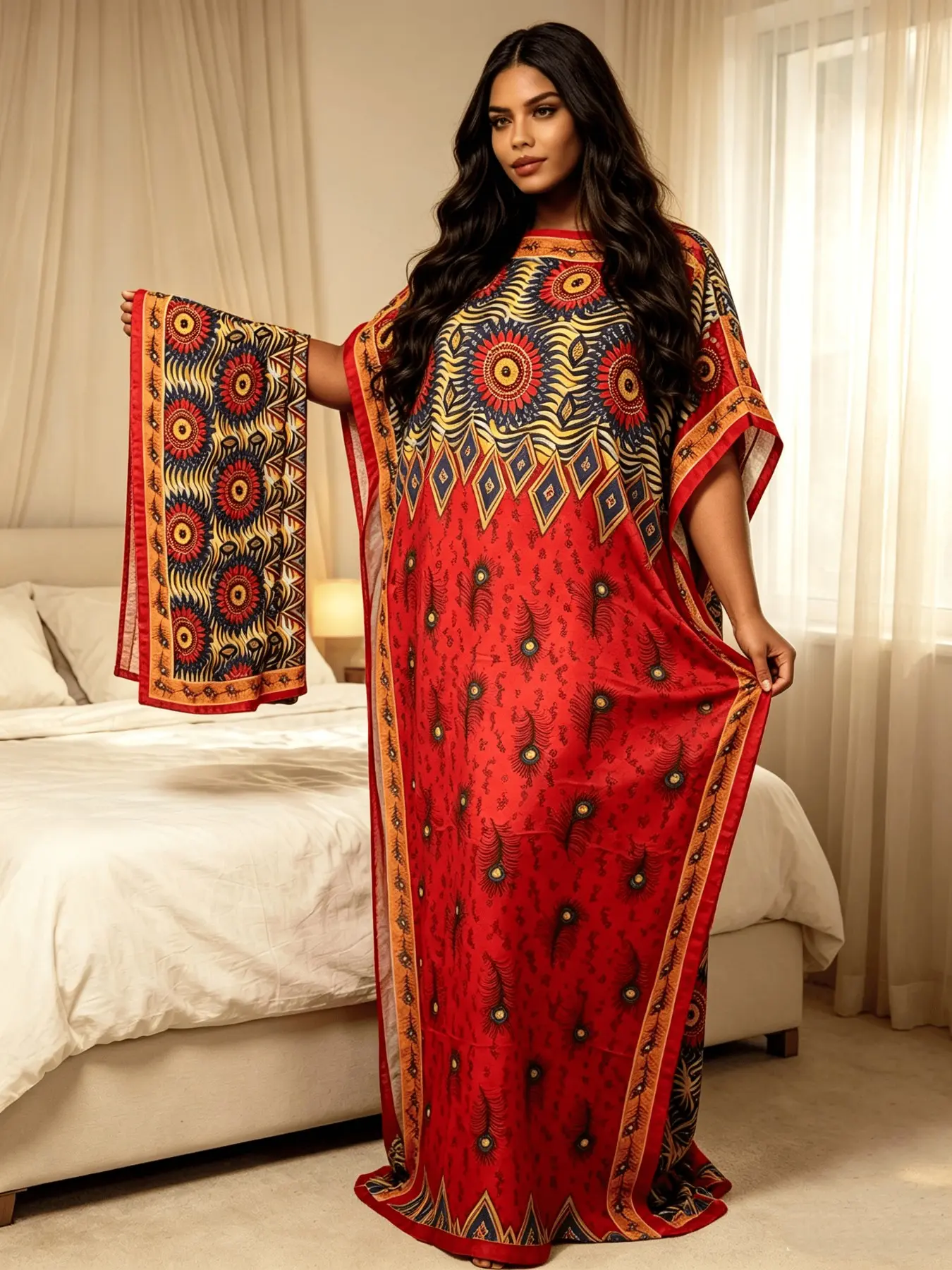 Plus Size Luxury Hot Fix Rhinestone Border Retro Ethnic Tribal Print Kaftan Two Piece Set, Oversized Flowy Split Maxi Dress, Soft Light Glam Resort Wear Pool Gala Evening Party Outfit With Matching Printed Scarf For Women, Boho Casual Muslim Kaftan Dress