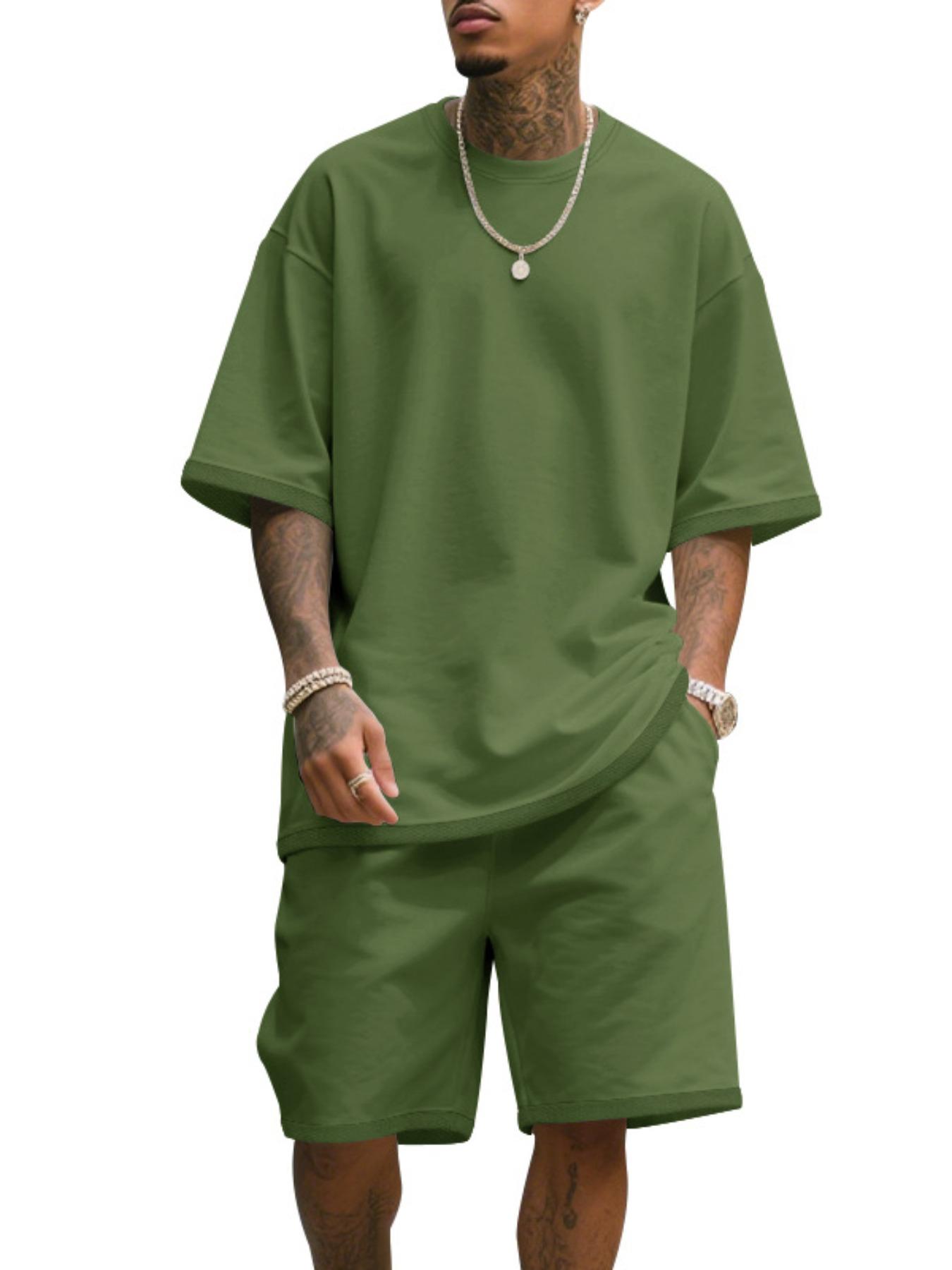 Men's Summer Casual Set, Pure Color Round Neck Short Sleeve Knit Tee & Shorts, Classic Loose Fit Sportswear, Comfortable Daily Wear Outfit