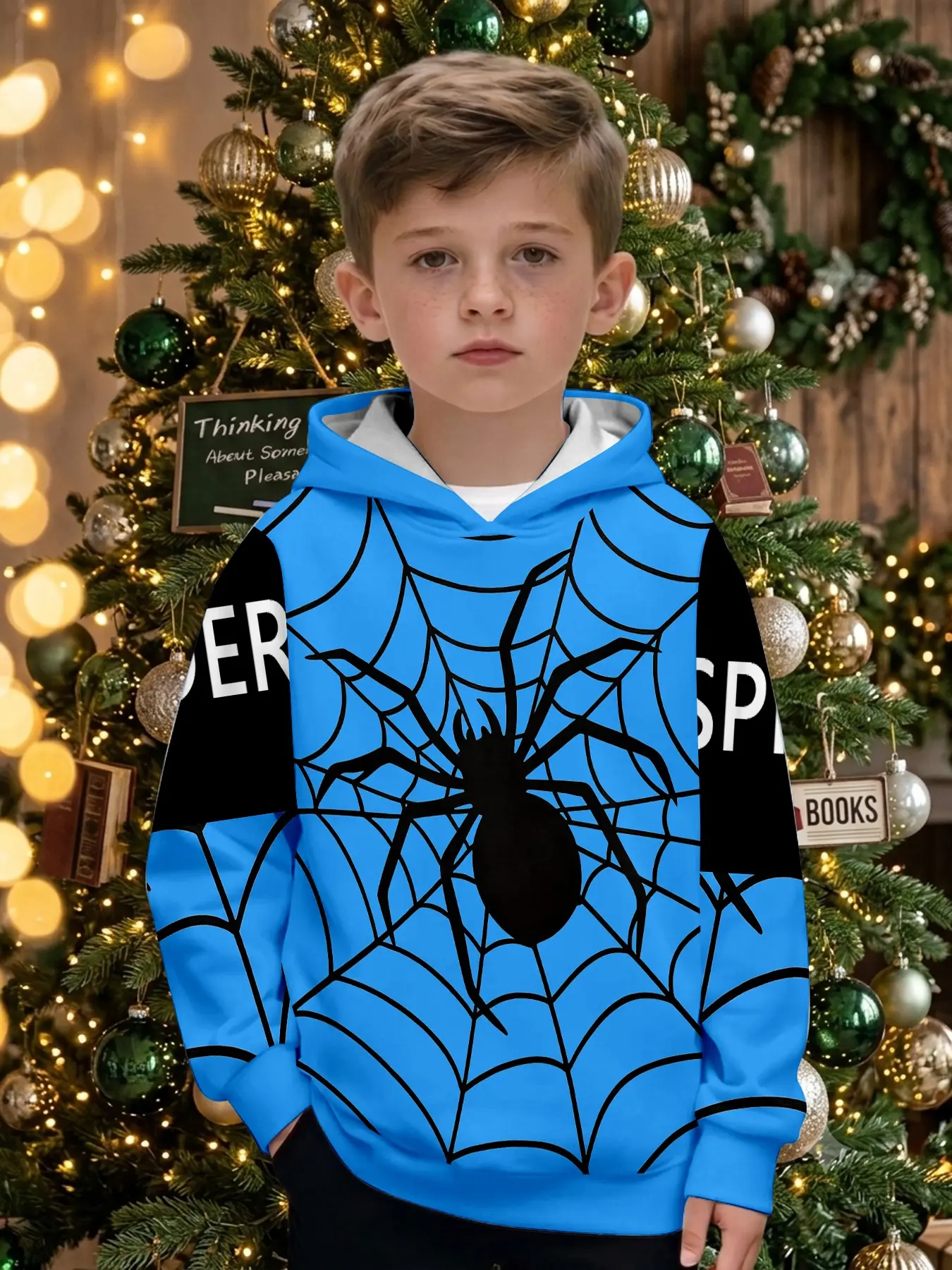 Blue Spider Web Print Hoodie for Boys, Casual Fitted Sweatshirt, Fall & Winter Outdoor Wear, Perfect Christmas Gift