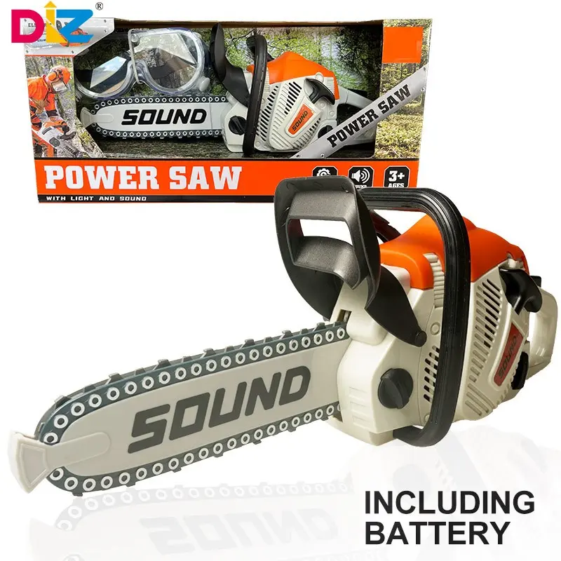Electric Toy Chainsaw for Kids, Set with Goggles, Battery included, Fake Outdoor Power Construction Tool for Pretend Play, with Rotating Chain, Realistic Sounds and Light