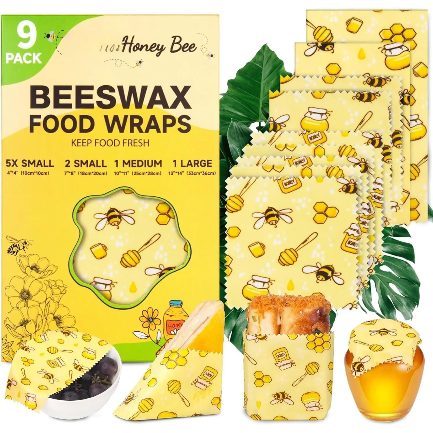 Beeswax  Wraps, 9 Pack -  Sizes (XS,S, M, L) |  , , Plastic Free |  Design