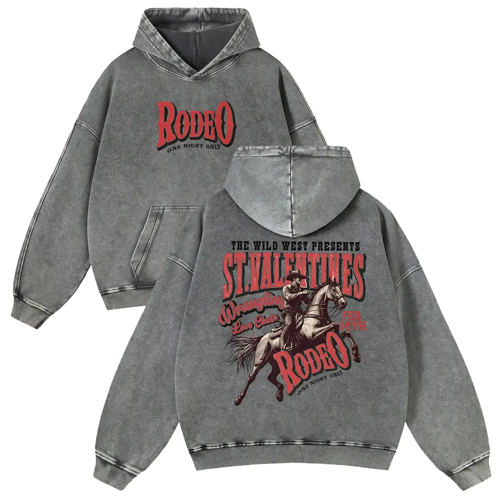 Men's Vintage Rodeo Graphic Hoodie - Oversized Thick Cotton Fit, Unisex Casual Spring Charcoal Acid Wash Heavyweight Western Retro Streetwear Hooded Top, Long Sleeve, Streetwear Clothing, Graphic Hoodies, Heavyweight Fabric, Trendy Hoodies