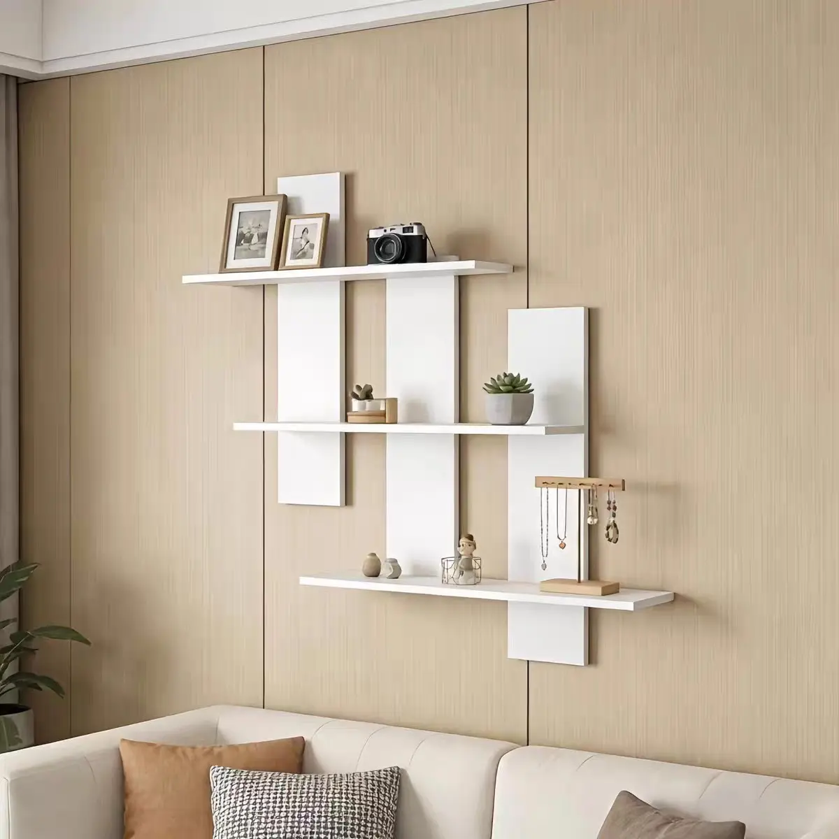 Three-Tier Asymmetric Wall-Mounted Floating Shelf, Modern Geometric Display Rack, Space-Saving Vertical Organizer for Home Decor