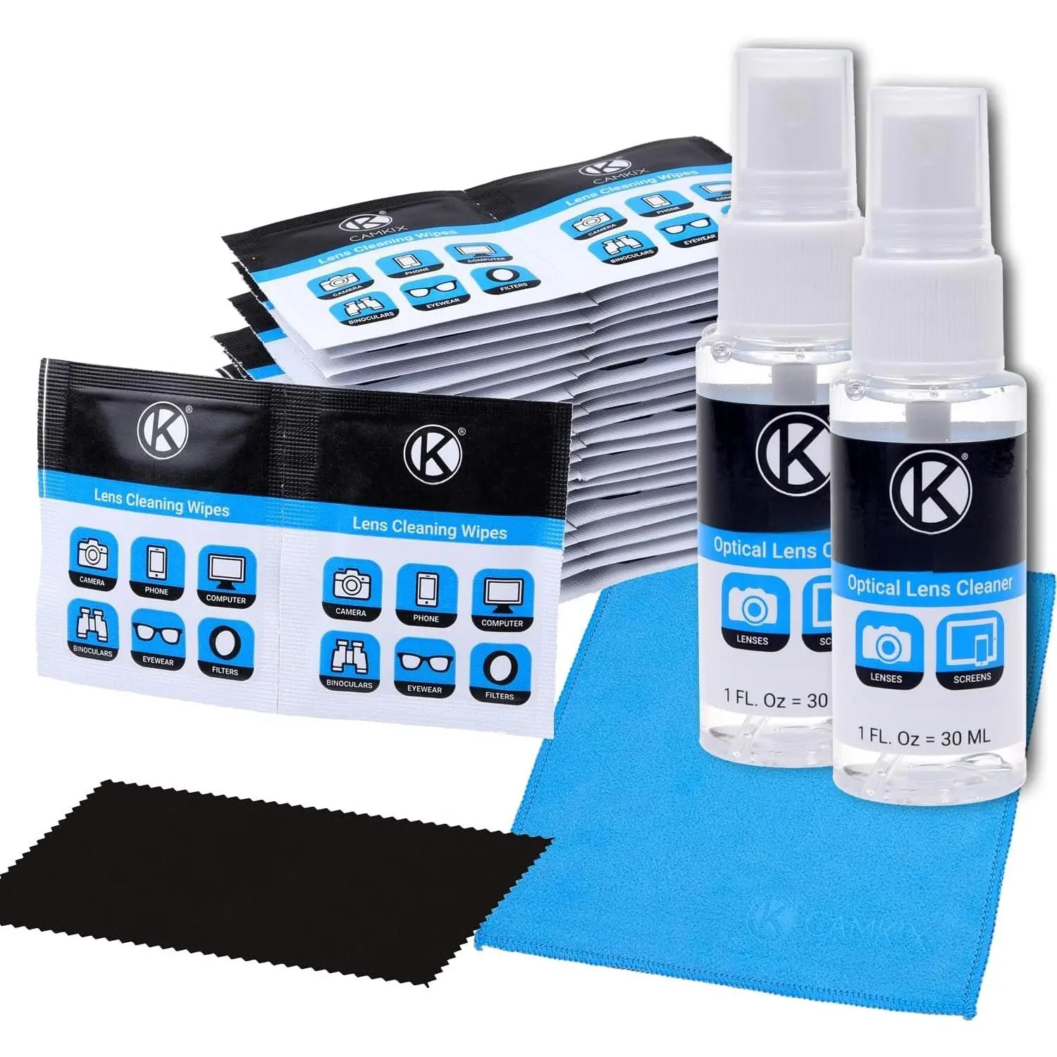 Lens and Screen Cleaning Kit - 2  Bottles, 2 Microfiber Cloths (Size L + S), 50 Individually Wrapped Wet Tissues - for Eyeglasses, Sunglasses, Camera Lenses, Phone/Tablet Screens, etc.