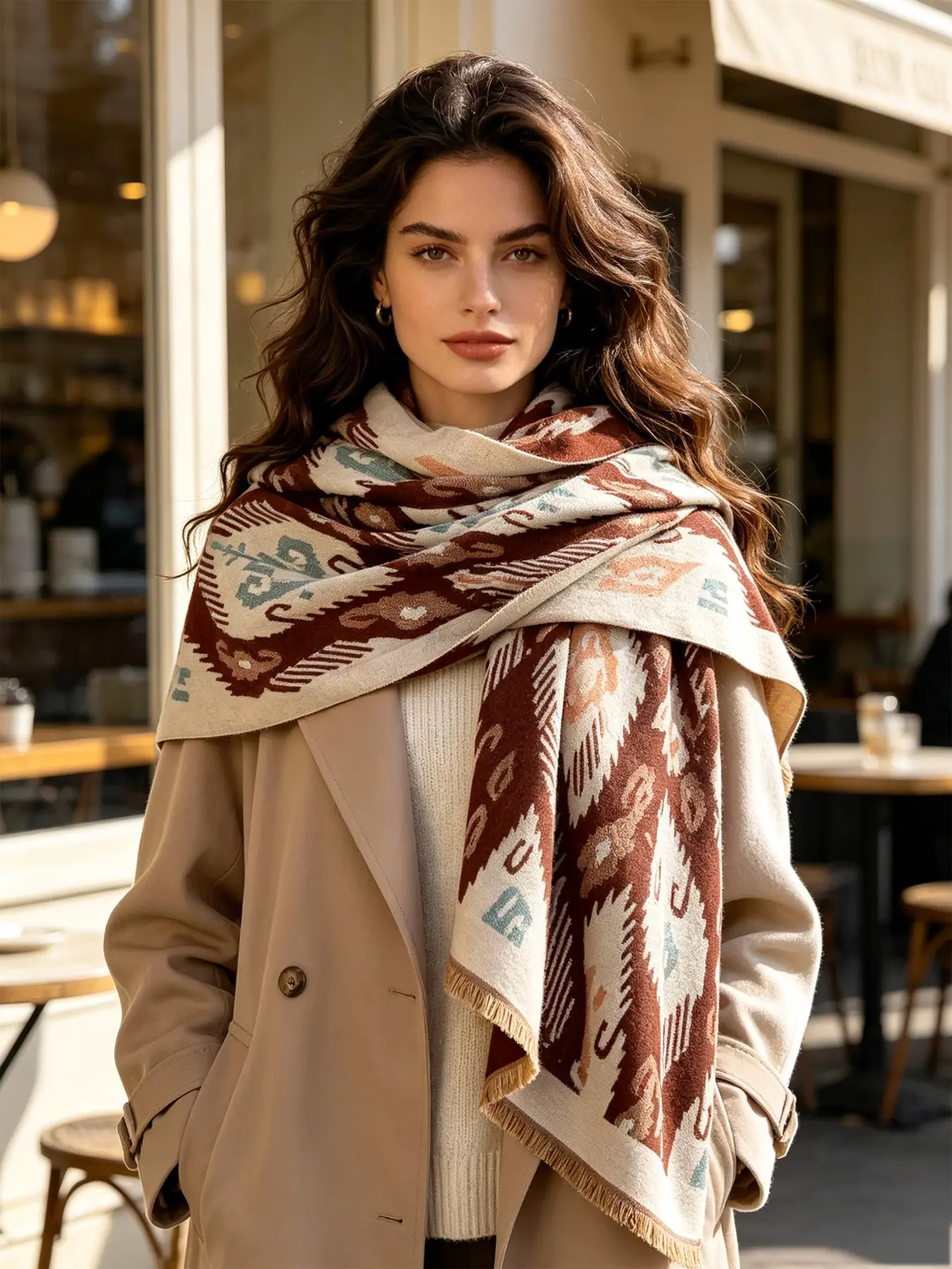 Navajo Ethnic Geometric Print Blanket Scarf, Soft Cashmere Feel, Large Shawl Wrap, Thick Warm Fall Winter Accessory, Ideal Gift for Her