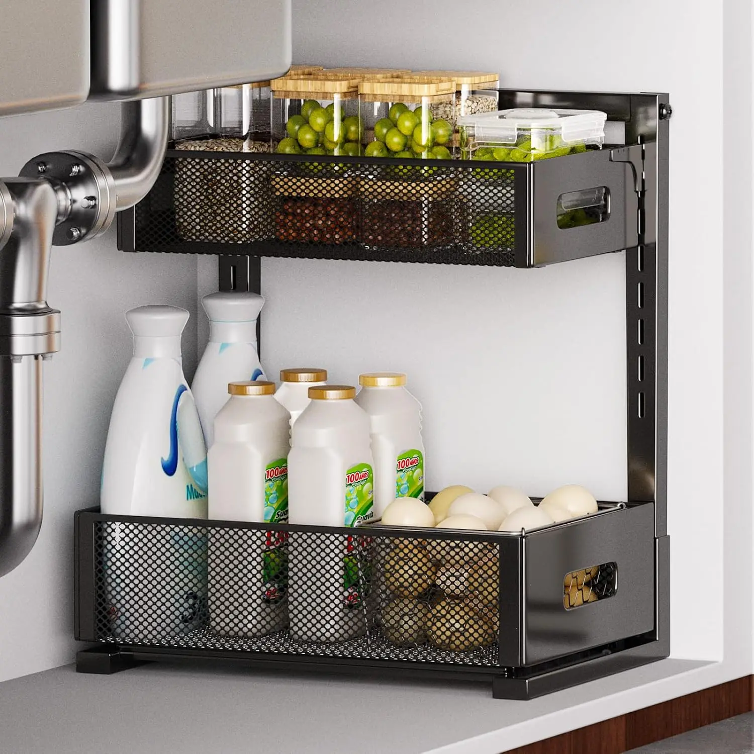 Under Sink Slide-Out Storage Shelves - Multi-Purpose Sliding Rack for Bathroom & Kitchen, Under Cabinet Vanity Pantry Organization Solution