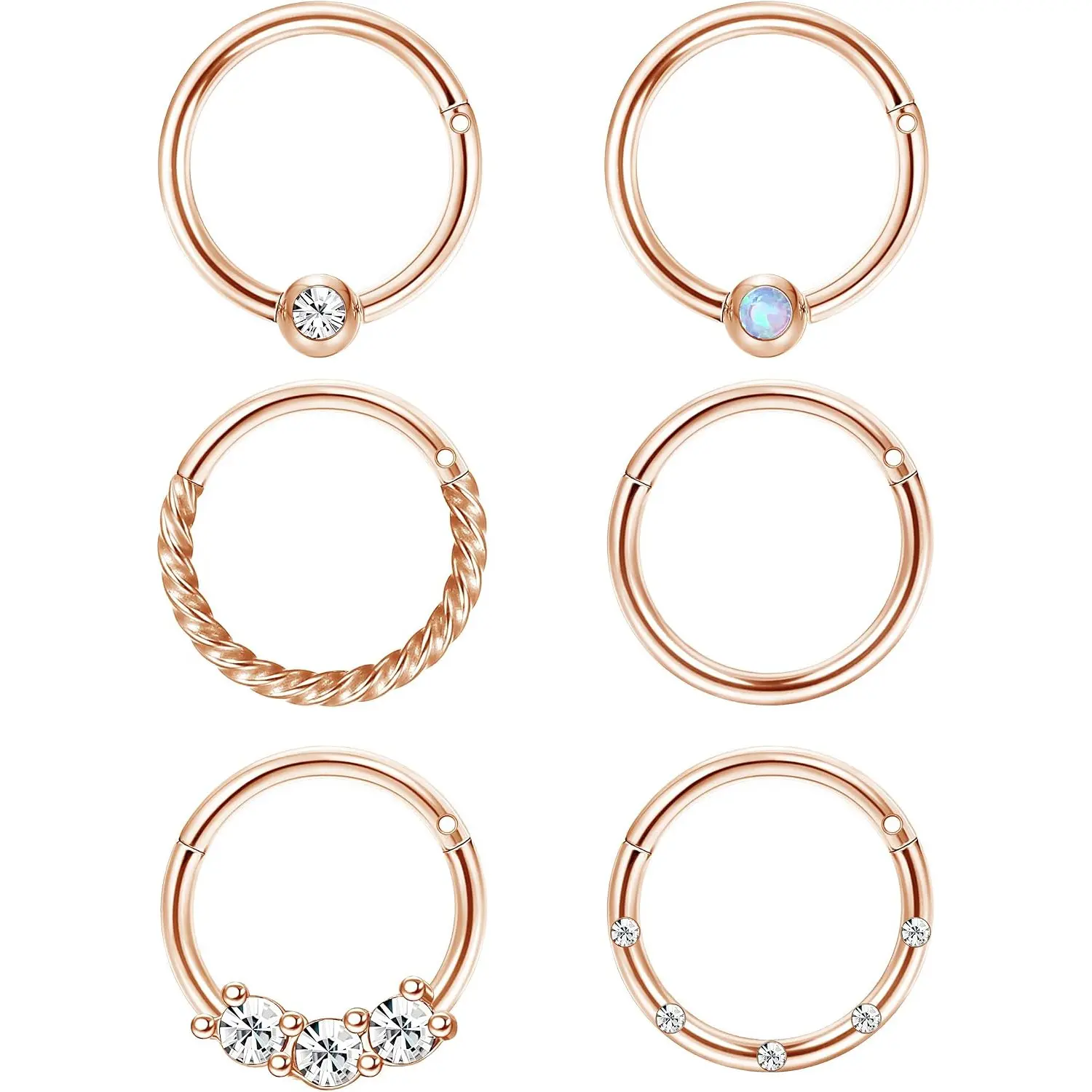 6-Pc 16G Surgical Steel Hinged Cartilage Hoop Earrings Set - Cat Eye Stone & CZ Studs, Clickers, Segment Rings for Helix Tragus 8mm Piercings, Suitable for Casual Wear, Hinged Hoops