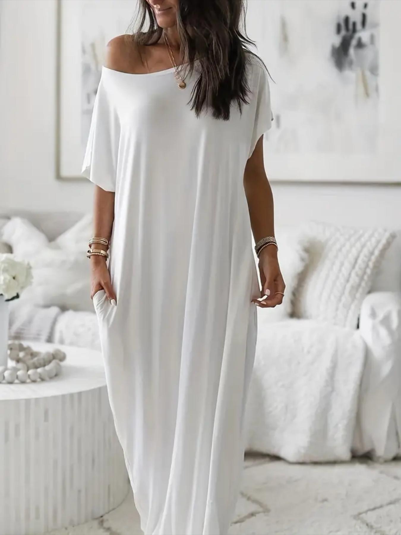 Women's Solid Color Batwing Sleeve Lounge Dress, Casual Comfy Short Sleeve Nightdress for Daily Wear, Ladies Sleepwear for All Seasons