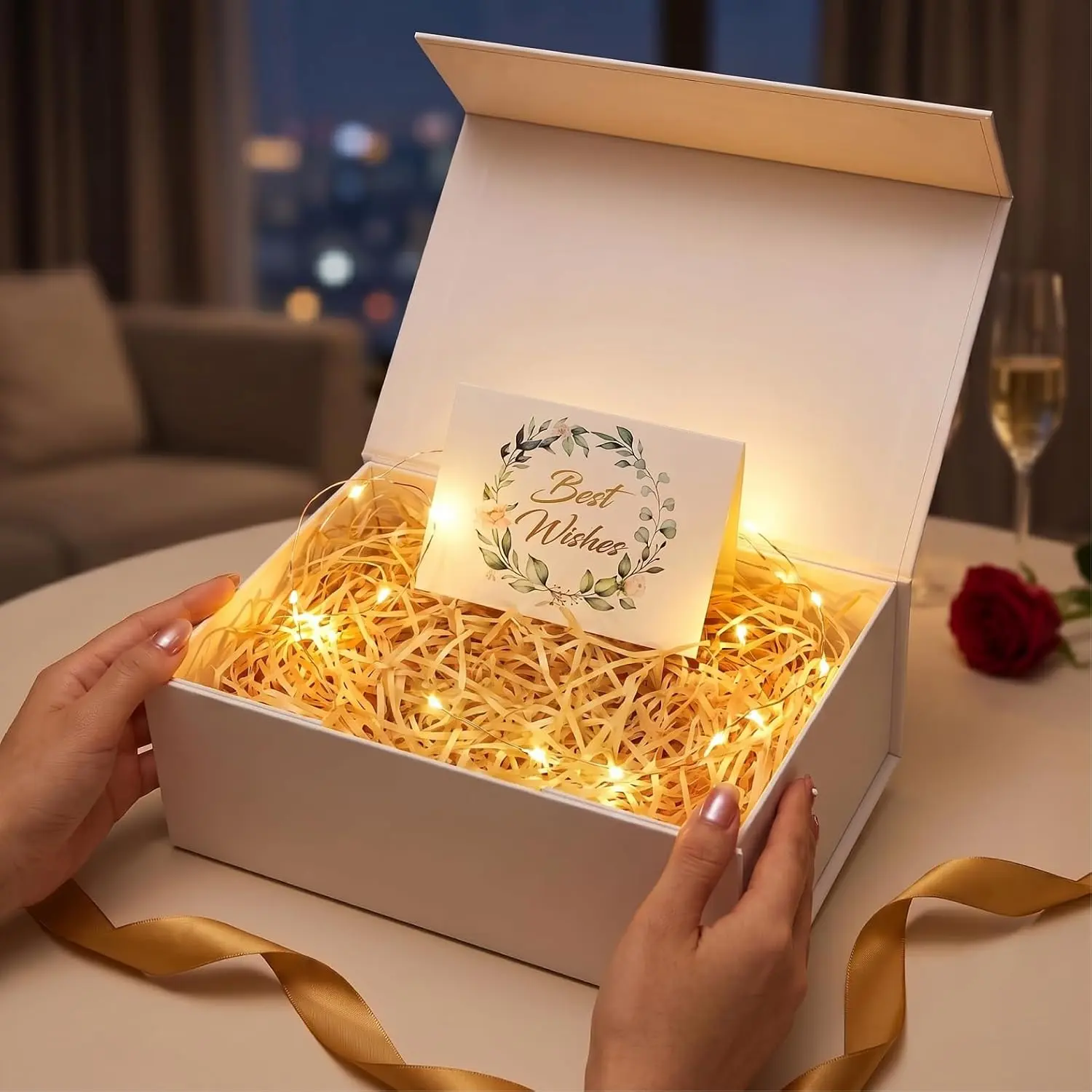 White  Box, 9.5x6x3''  boxes for Presents with   Closure Rectangle Collapsible for Bridesmaid Proposal, Christmas, Birthday Packaging, Contains Fairy Lights, Card, Ribbon, Filler