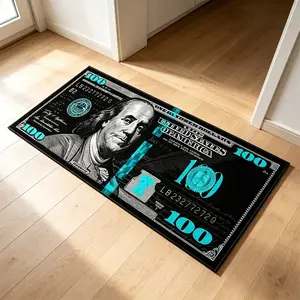 1 piece: Cyan-blue fluorescent color-blocked US dollar long rug, American hip-hop high street trendy cool bedroom bedside rug, soft velvet rug, birthday gift, gothic style home decor rug, suitable for living room, bedroom, bedside, porch, cloakroom
