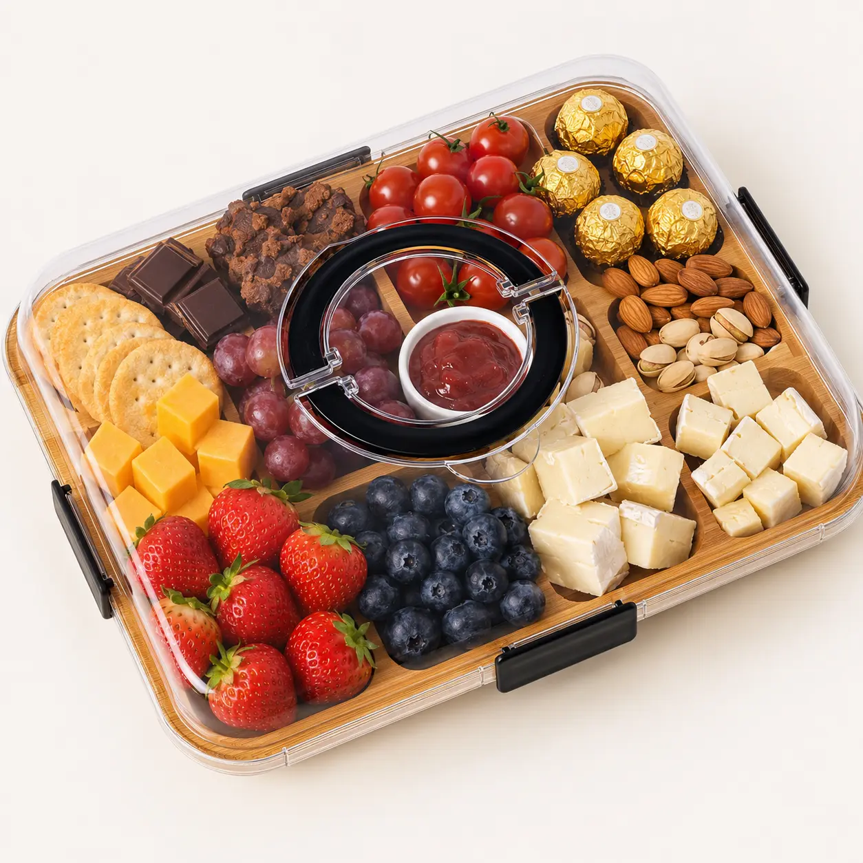 6-Compartment Charcuterie Board with Clear Locking Lid, Portable Cheese Board and Snack Tray with Handle for Parties, Potlucks and Housewarming Gifts,airtight,salero,fruit,leakproof,Enamel,scale,bpa-free