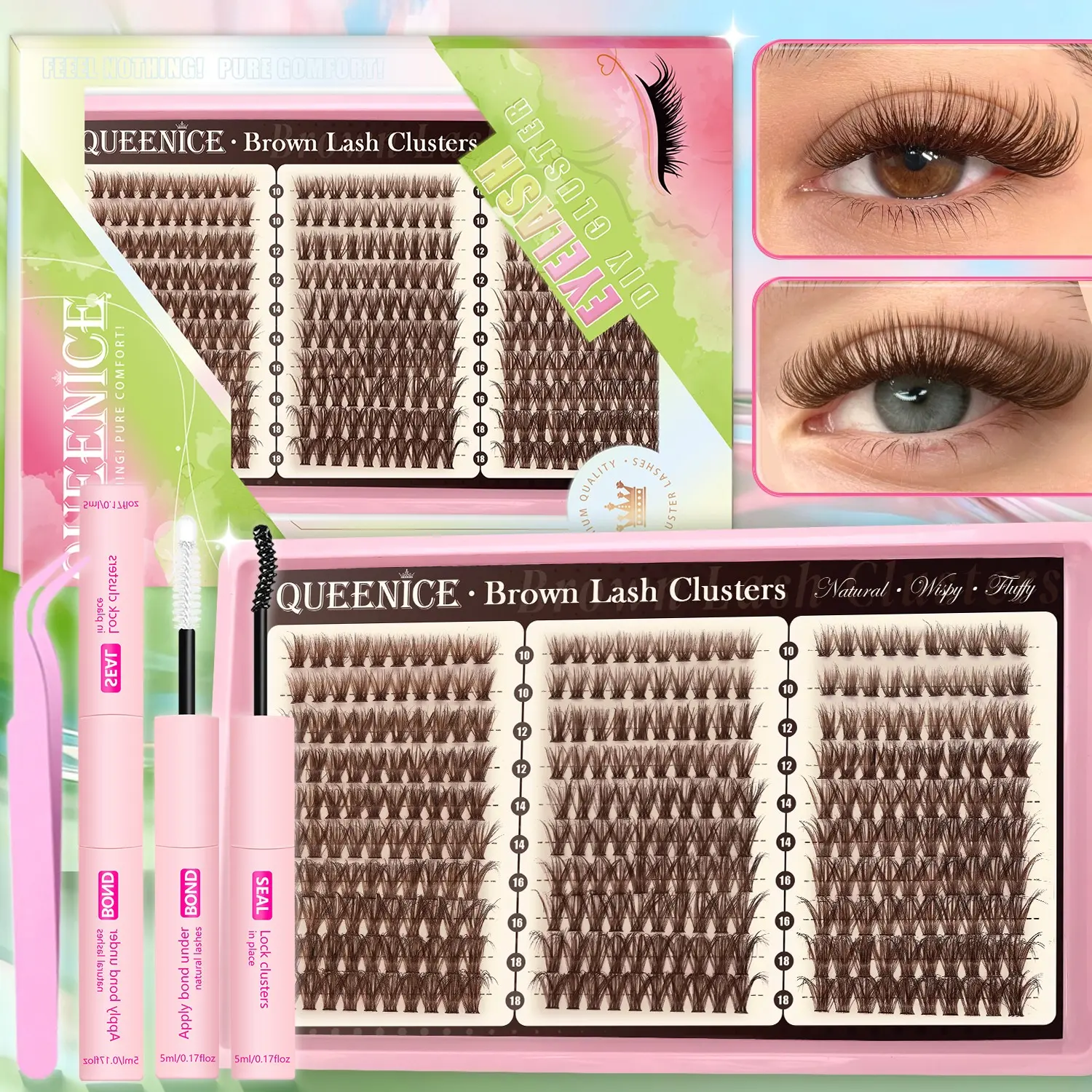 Brown & Colorful DIY Lashes Clusters Thin Band Natural Soft Wispy Natural Styles Lashes Waterproof Lash Extension Easy to Apply at Home Cosmetic Makeup Volume False Eyelashes