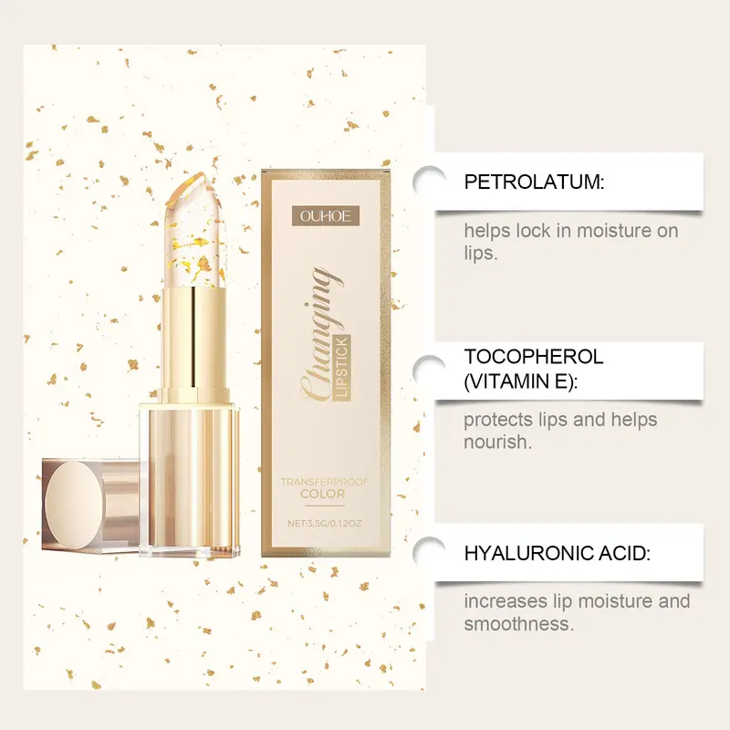 Savior For Dry Chapped Lips! OUHOE Gold Foil Color Changing Lip Balm, Jelly Clear Texture Thermo-active Shade, Hyaluronic Acid VE Hydrate & Repair Lip Lines, Non-transfer Glossy Glass Lips For Bare Face Makeup 3.5g