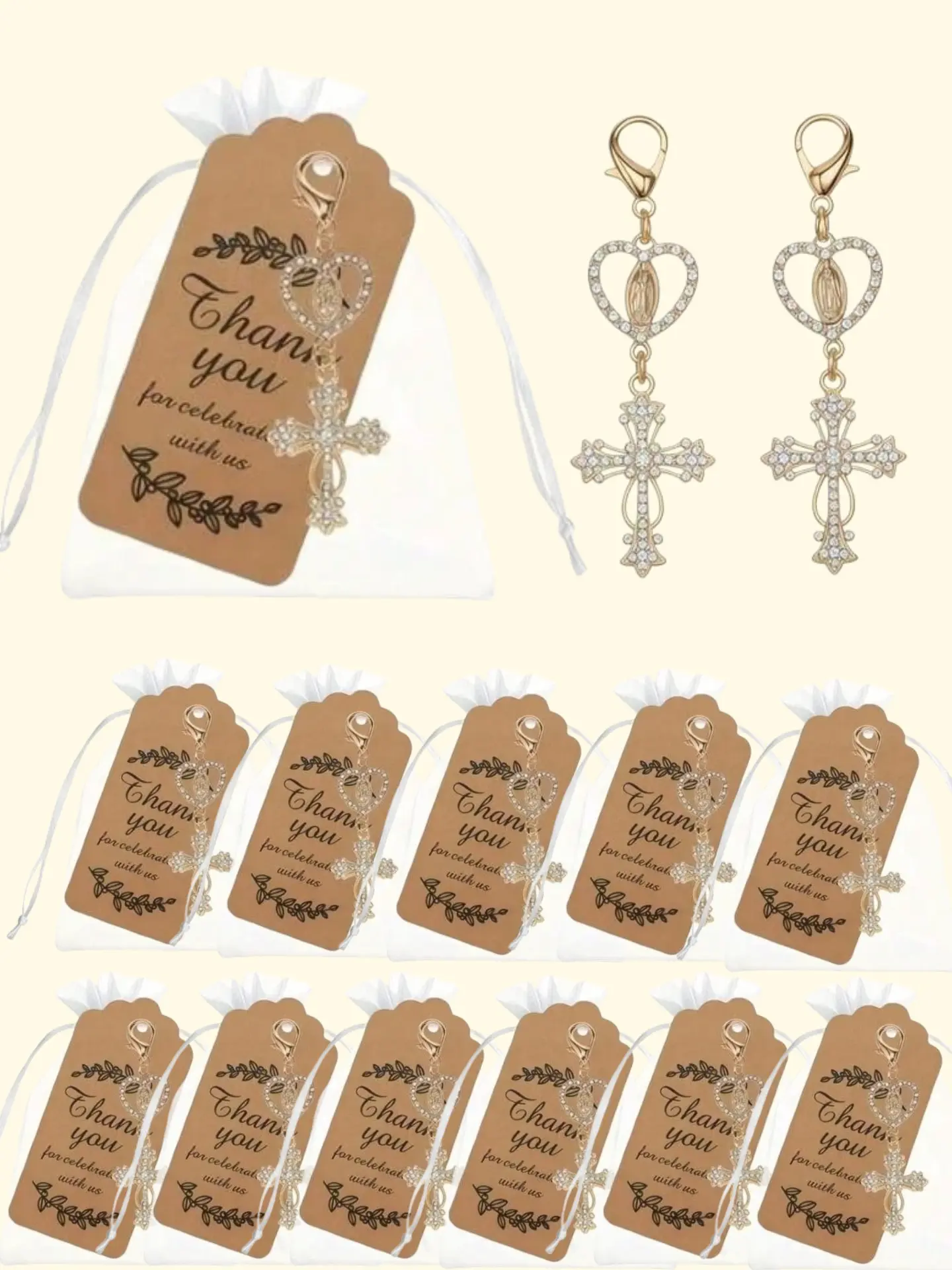 12pcs Cross Keychain Set | Religious Party Favors, Thank You Gifts and Organza Pouches, Heart Crystal Rhinestone Alloy Keyrings, Key Accessories,Suitable For Baptism, Communion, Confirmation, Wedding, Souvenir.