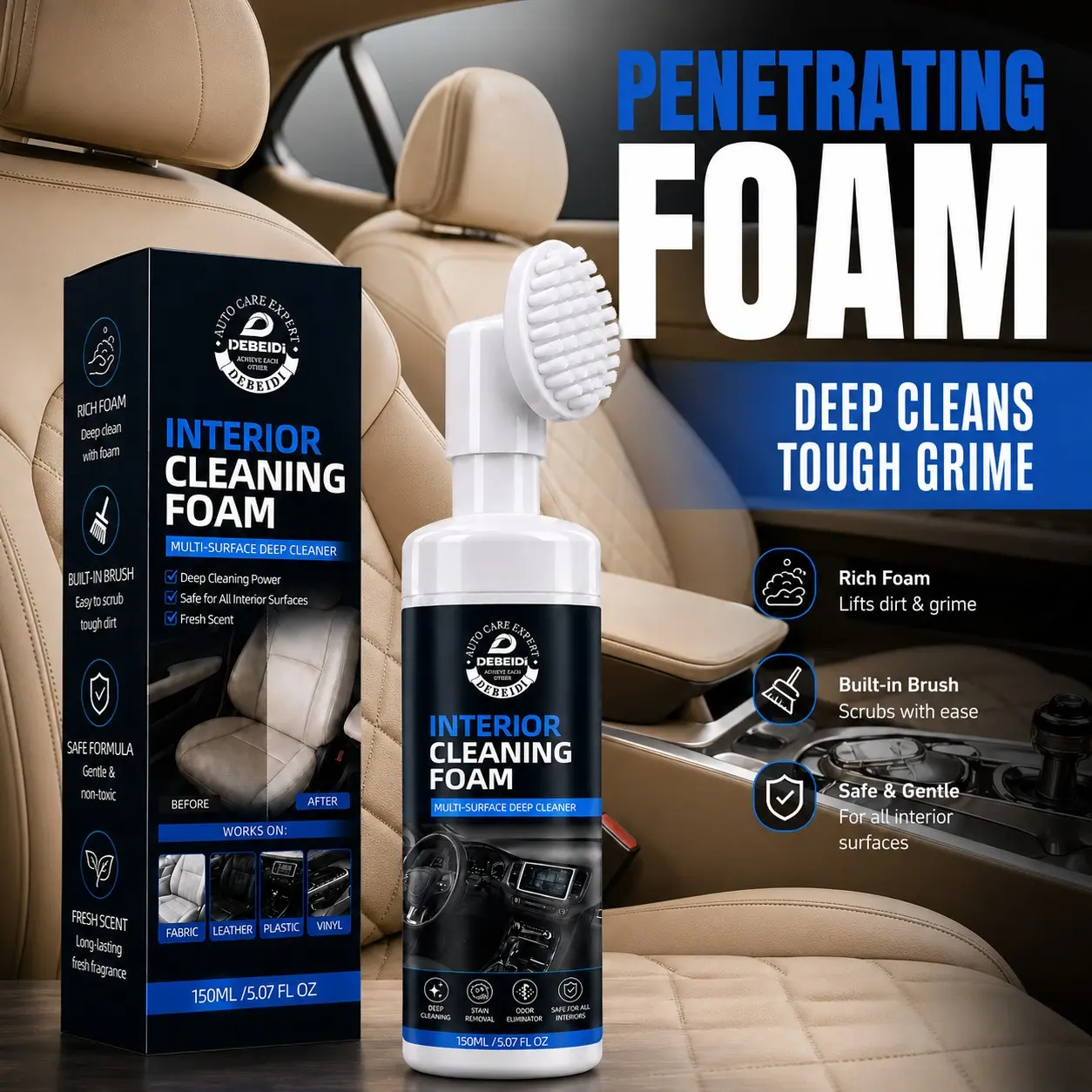 Car Interior Cleaning Foam with Bristle Brush Applicator, Multi-Surface Auto Cleaner for Seats, Fabric, Leather, Plastic & Vinyl, Car Upholstery Cleaner, Interior Detailing Products, 150mL