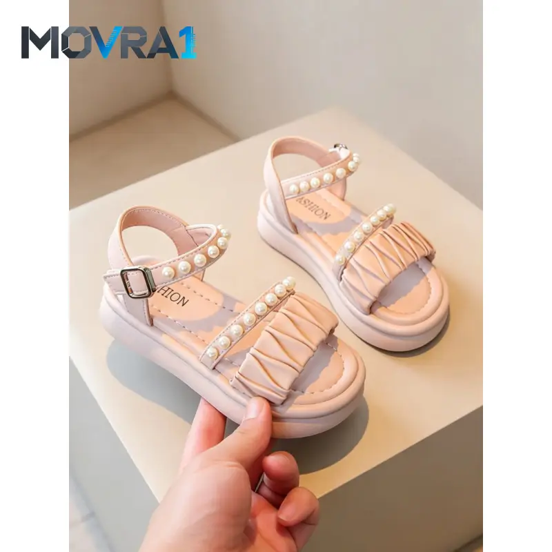 MOVRA1 Toddler Girls' Ruffle & Pearl Platform Sandals, Adjustable Strap Soft Sole Shoes, Kids Casual Outdoor Beach Flats