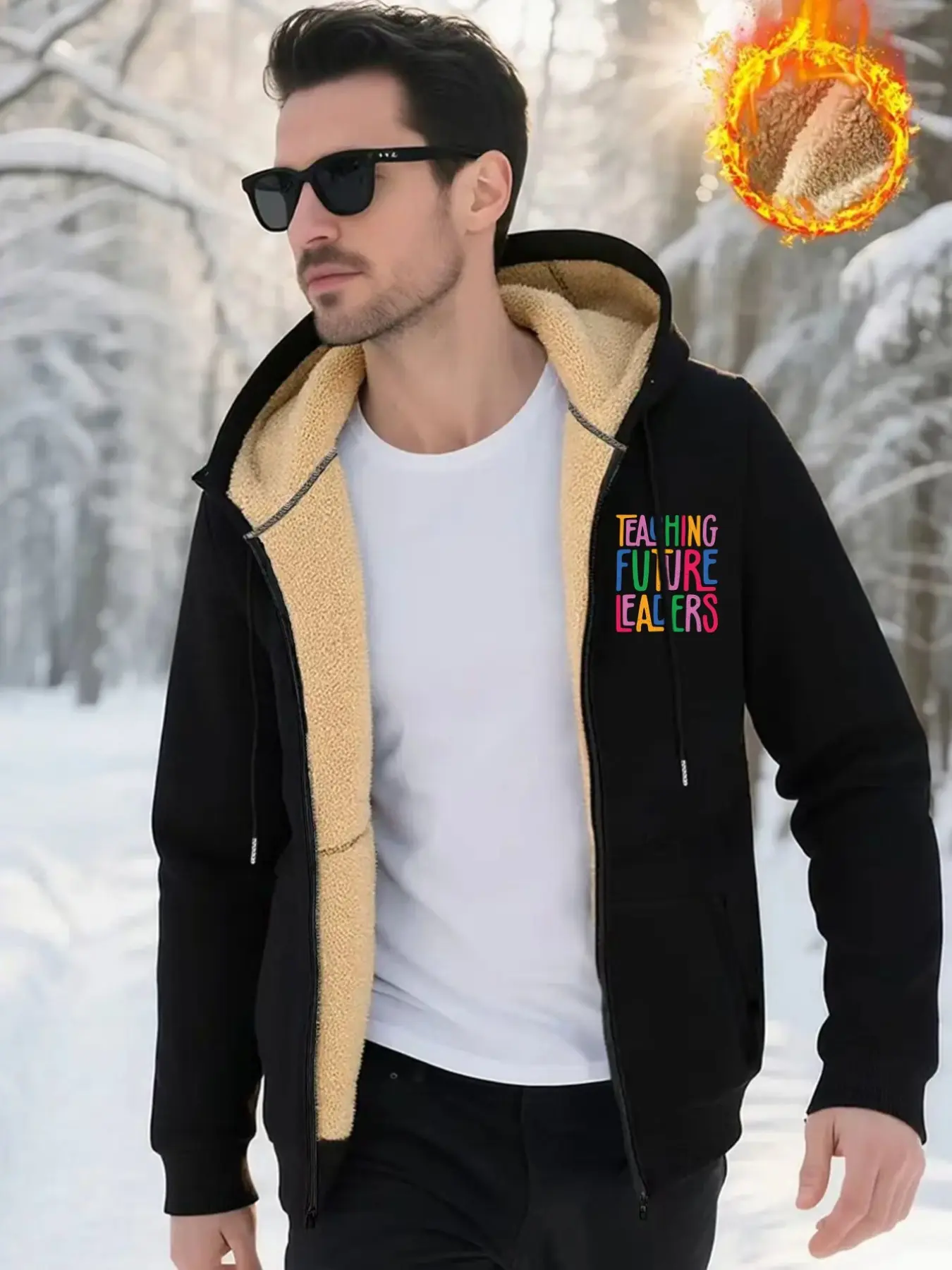 Teaching Future Leaders Colorful Letter Print Hooded Zipper Sweatshirt, Casual Long Sleeve Fleece Winter Jacket for Men