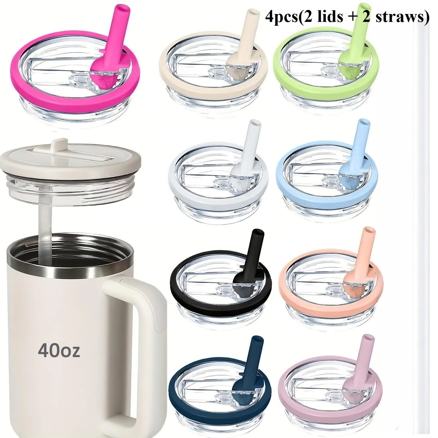 4Pcs Foldable Tumbler Replacement Lids for 40oz Stanley Cups, 2 Flip Straw Lids + 2 Straws, Leakproof Dustproof Spill Stopper with Handle, Compatible with Car Travel Tumblers, Leakproof Lids Set