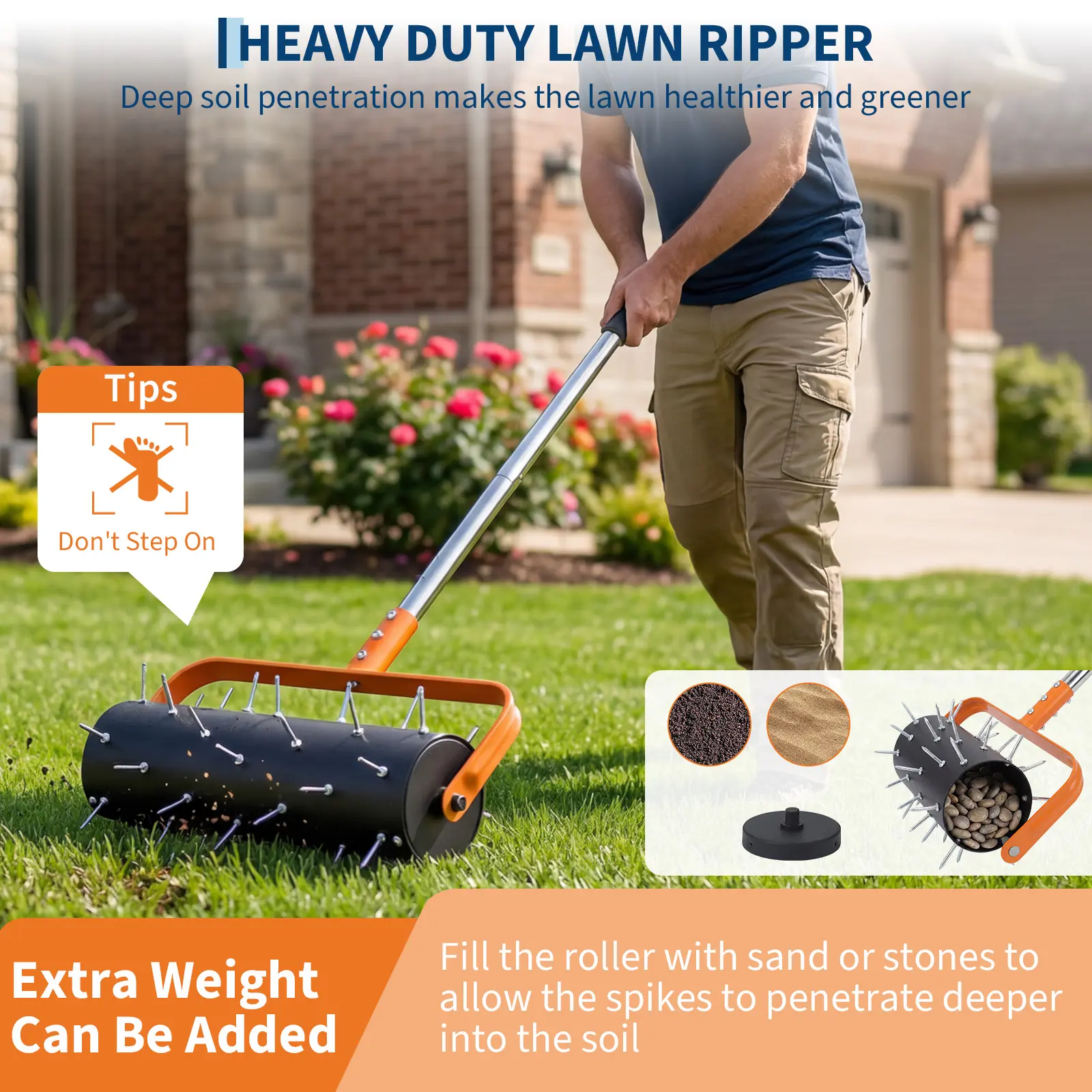 15" /18" Rolling Lawn Aerator - Heavy Duty Manual Aerator Tool with 42 /52 Spikes,  61''/67" Adjustable Handle & Soil Penetrator for Garden, Yard & Patio