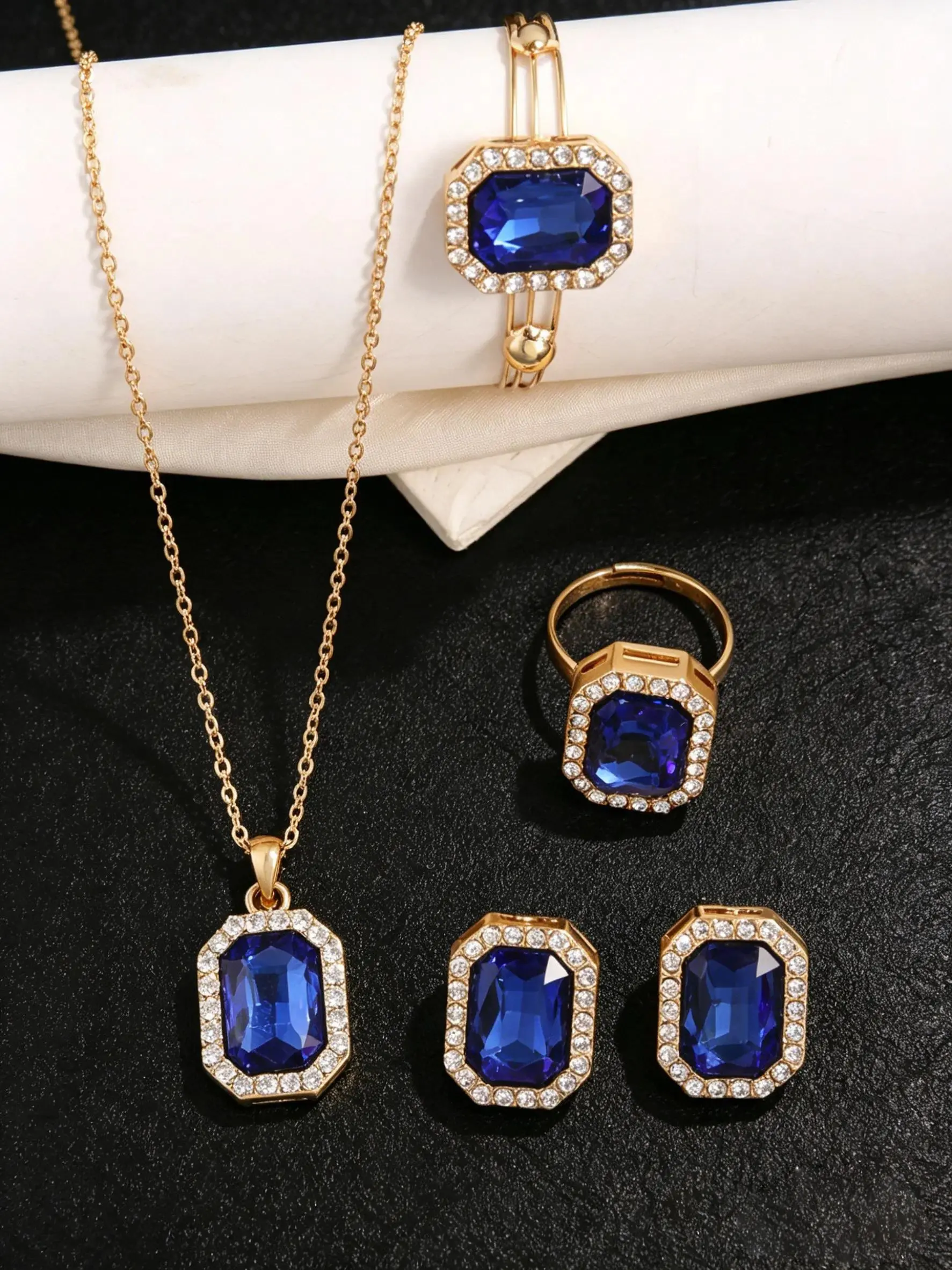4Pcs Women Vintage Rectangle Gemstone Jewelry Set, Cubic Zirconia Pendant Necklace Stud Earrings Open Cuff Bangle Adjustable Ring, Elegant Wedding Party Costume Jewelry Gift for Her, Gold Plated, Ruby Red, Emerald Green, Sapphire Blue