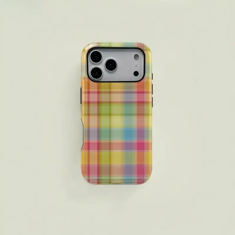 Colorful Plaid Pattern Retro Square Phone Case, Candy Color Print, Durable Two-In-One Protection, Fits iPhone 17-12 Pro, for Samsung S25 Ultra Case Series Compatible with iPhone 17 ProMax Case