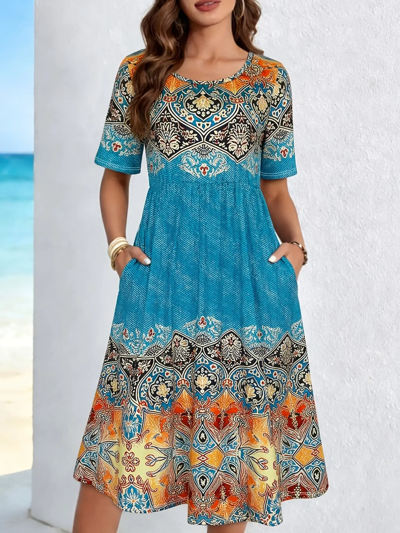 Women's Bohemian Boho Vacation Style Round Neck Short Sleeve Midi Dress, Vintage Ethnic Print Pocket Design, Loose A-Line Fit, Summer Beachwear