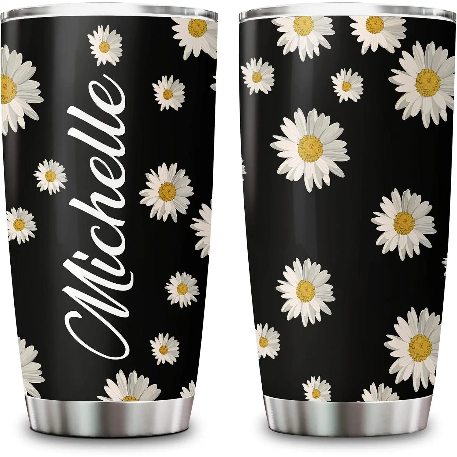 20oz Modern Stainless Steel Vacuum Tumbler, Leak-Proof Straw Lid, White Daisy Floral Print, Custom Gift for Daisy Lovers, Birthday Gift Ideas for Women