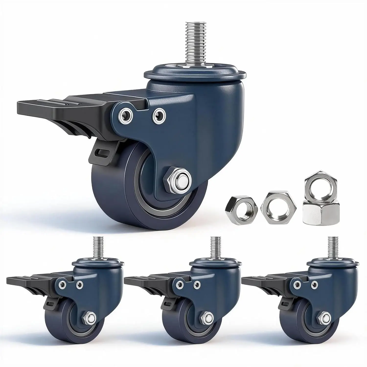 1.6 Inch Blue Polyurethane Caster Wheels with Metric M8-1.25 Threaded Stem (8mm Screw Diameter, 15mm Length) - Heavy Duty Locking Brake Set of 4, 450 lb Capacity for Furniture Carts