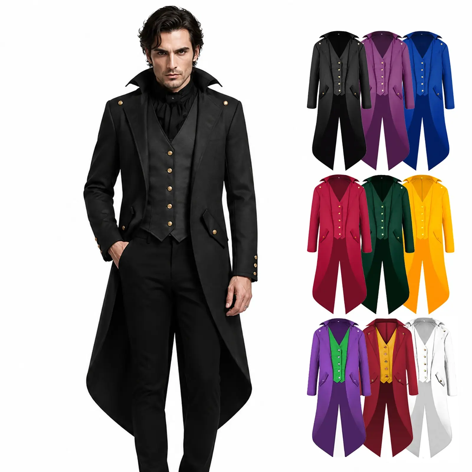 Halloween Vampire Party Costume Prop for Men, Gothic Medieval Retro Swallowtail, Button Details, Cosplay & Stage Performance