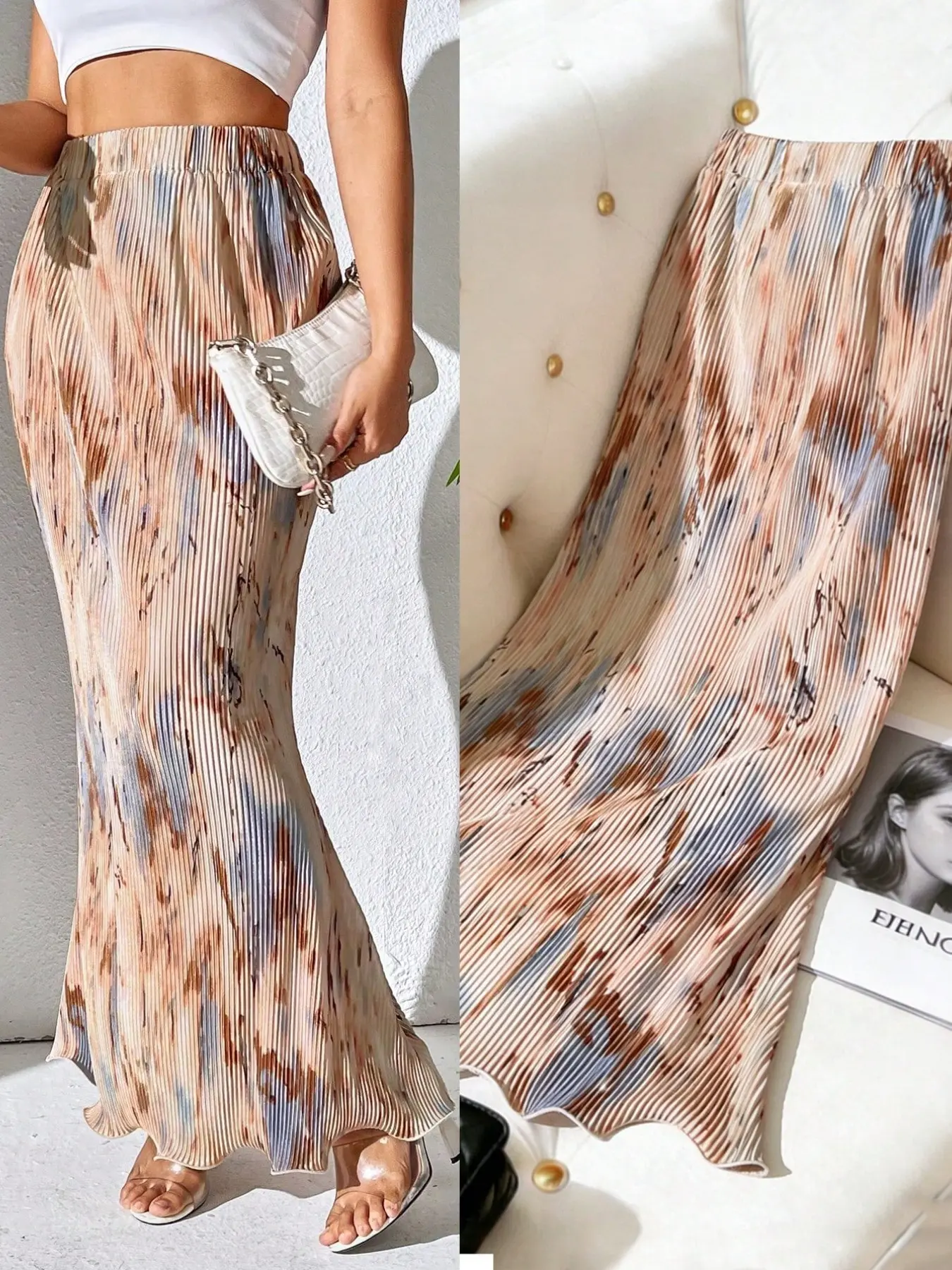 Spring Summer Casual Print Elastic Waist Fish Tail Hem Long Midi Skirt, Women's Daily Wear Long Dress, Comfortable and Stylish