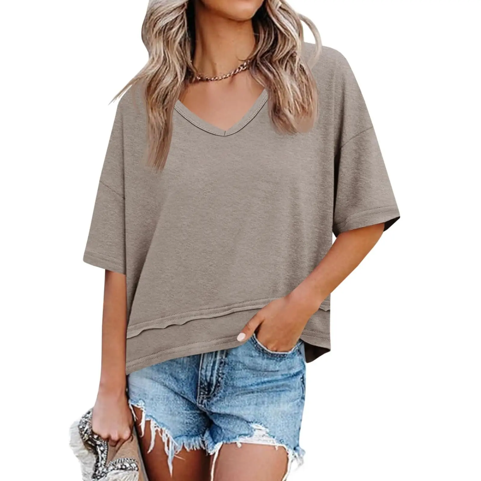 Imily Bela Womens Summer V Neck T Shirts Casual Short Sleeve Flowy Tops Cute Loose Fit Basic Tees Soft