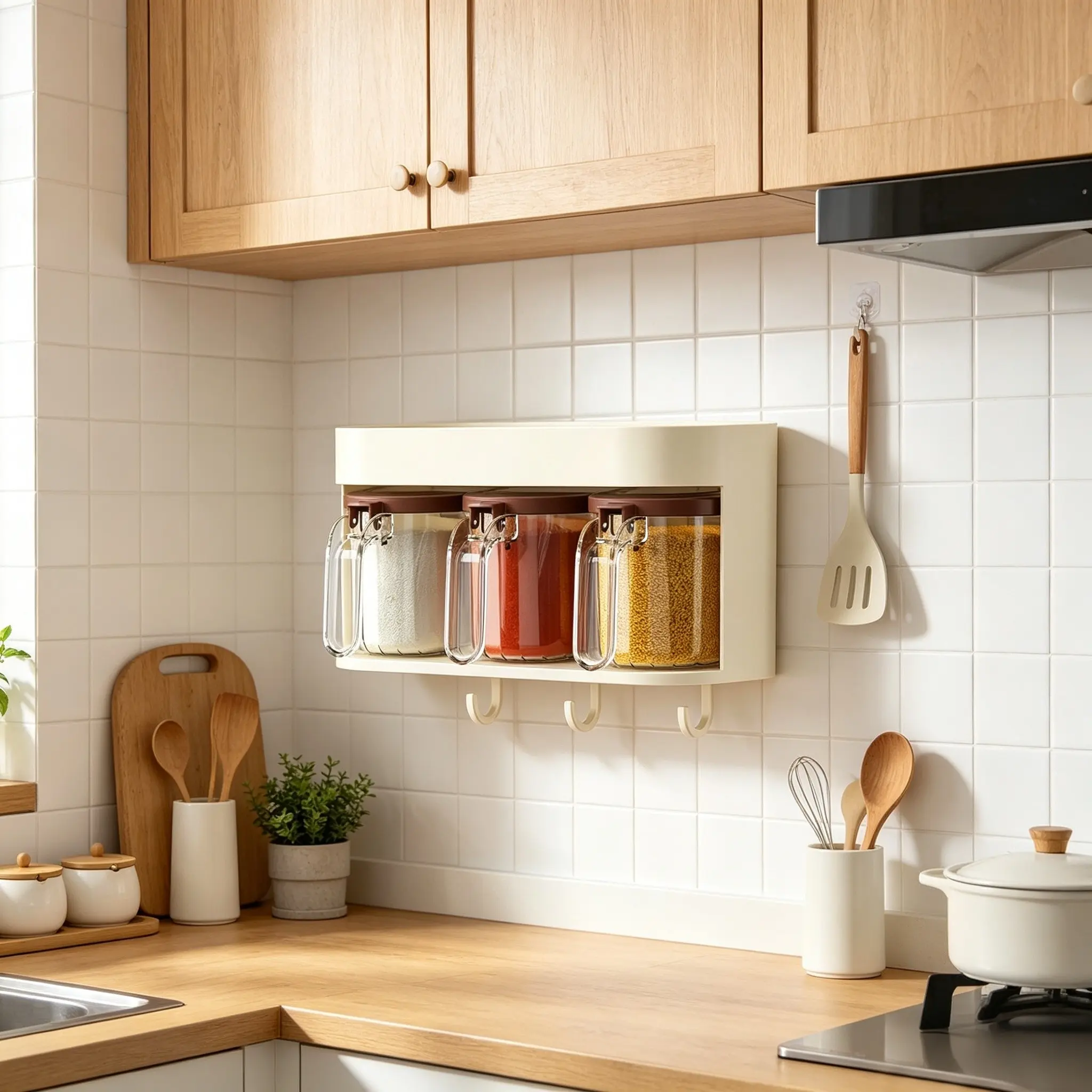 Wall-Mounted Kitchen Spice Organizer Set, 3 Transparent Sealed Containers with Spoons, Space-Saving Storage Rack, Clear Storage, Ideal for Small Apartments, Busy Cooks, Cooking Enthusiasts
