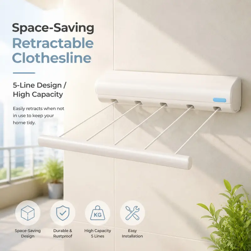 Wall Mounted Retractable Clothesline 5 Lines Space Saving Rustproof Telescopic Drying Rack Easy Install High Capacity Foldable Laundry Hanging Rod For Balcony Bathroom Indoor Use