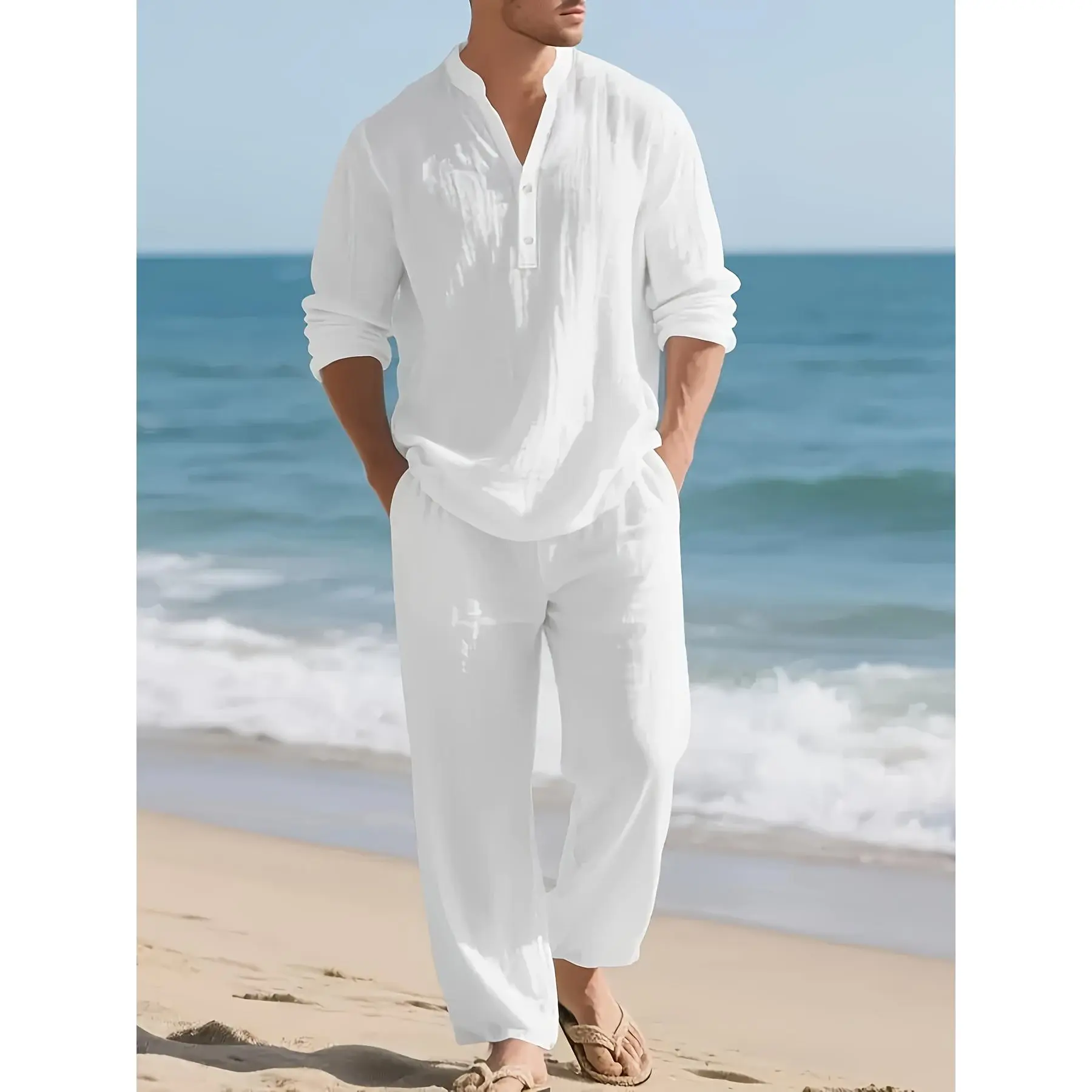 Men's 2-Piece Linen Woven Loungewear Set - V-Neck Long Sleeve Top & Loose Fit Trouser, All Seasons Breathable Plain Nightwear, Machine Washable, Do Not Bleach Menswear