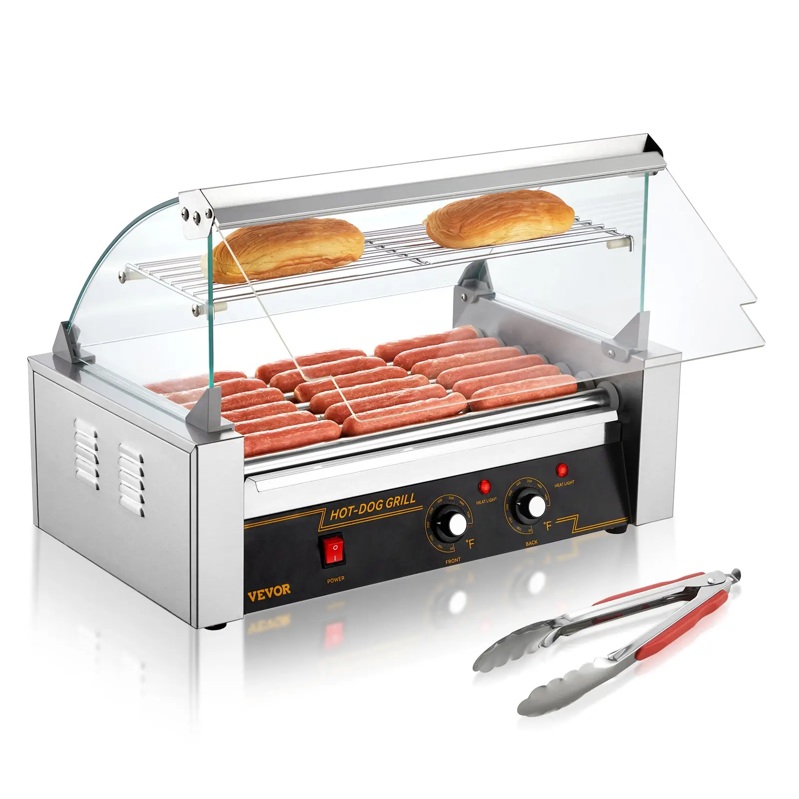 VEVOR Stainless Steel Hot Dog Roller Machine SC-7XD - 7 Rollers, 18 Capacity, 1050W, Dual Temp Ctrl/Temperature Control, Glass Hood, Bun Warmer Shelf, Removable Oil Drip Tray, 28 lbs/12.85 kg, 21.9"x12.8", AC120V, ETL Certified, Carefree Cleaning, Three-P
