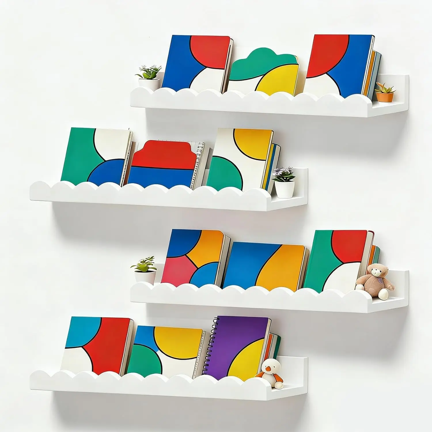 4-Piece White Scalloped Floating Nursery Book Shelves - Indoor Furniture for Baby Room, Decorative Wall Shelf, Ideal Gift for Toddlers