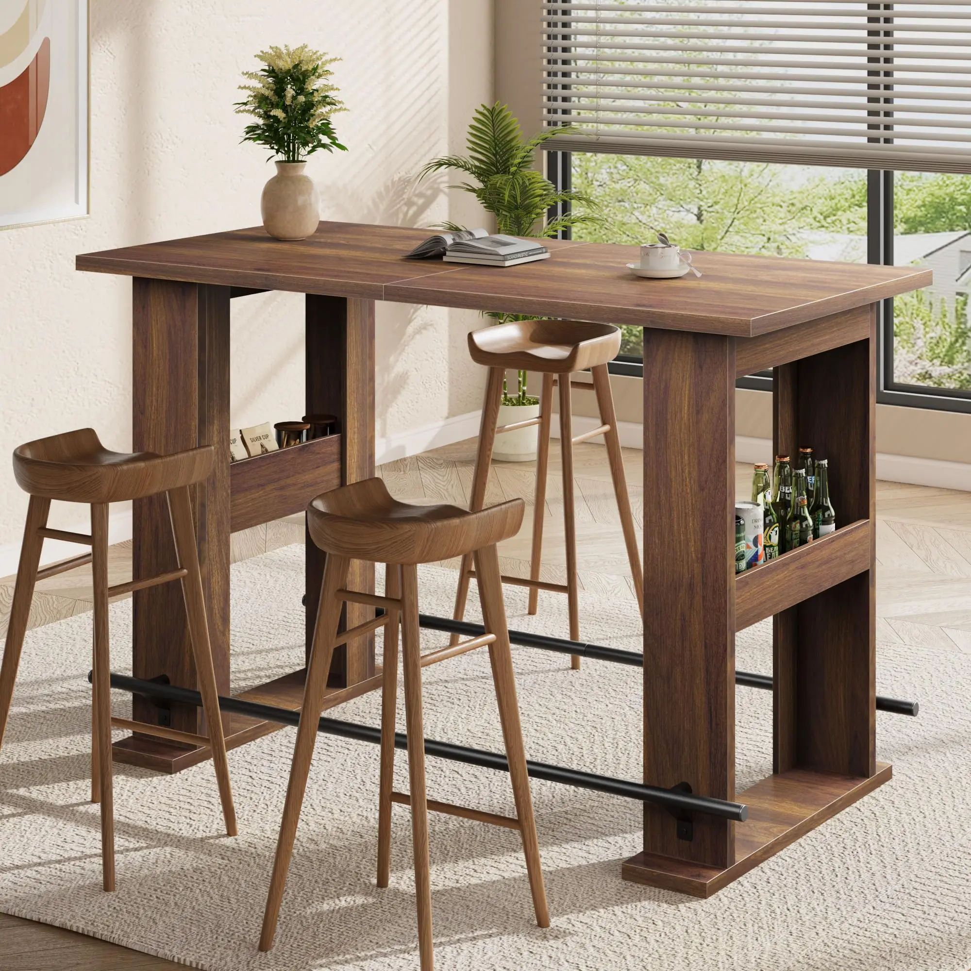 63 Inch Farmhouse Counter Height Bar Table with Storage, Wooden Home Pub Coffee Bar Unit with Sturdy Metal Footrest, Multi-Size Bar Counter for Kitchen Dining Bistro Living Room