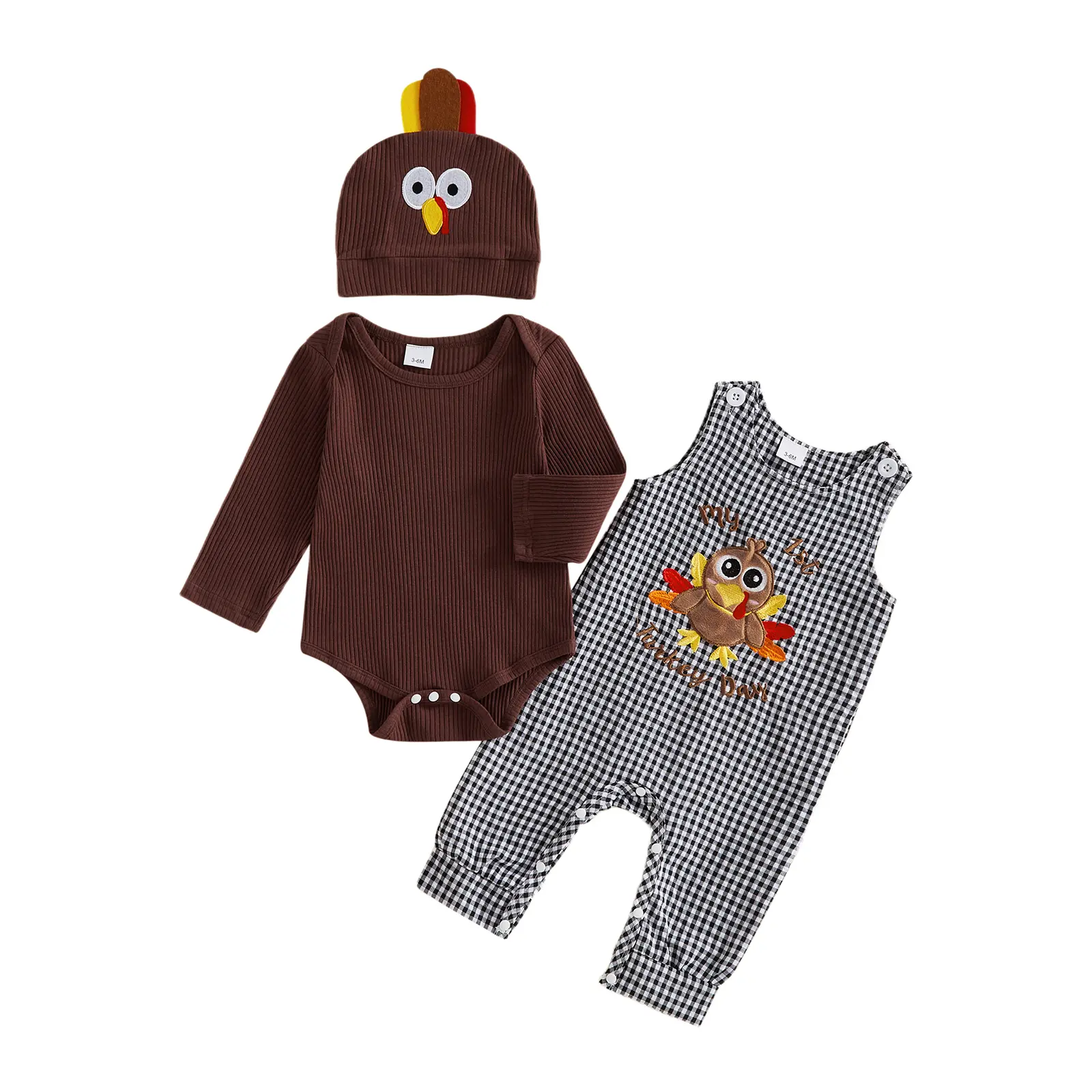 Meihuida Infant Baby Boy Thanksgiving Outfit Long Sleeve Romper Plaid Turkey Embroidery Overalls Hat 3Pcs Set Fall Winter Clothes 0-18 Months